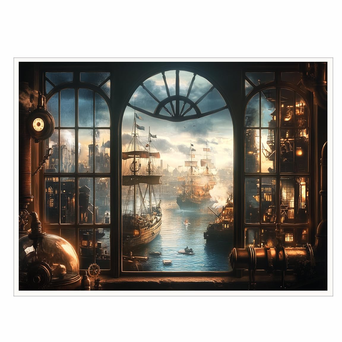 Steampunk Airship Canvas Wall Art Vintage Cityscape Illustration with Metallic Airship and Ornate Buildings Fantasy Sci-Fi Print for Office Lounge Studio Posters 11x14in Unframed
