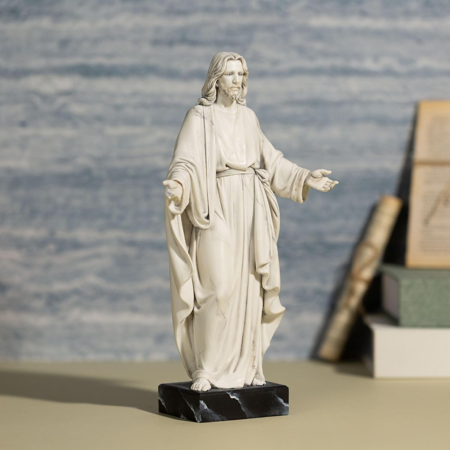 Jesus-Statue, handbemalt, Marmor-Optik, Jesus Christus mit offenen Armen, religiöse Heimdekoration, Kunstharz-Skulptur christliche Heimdekoration, 30,5 cm