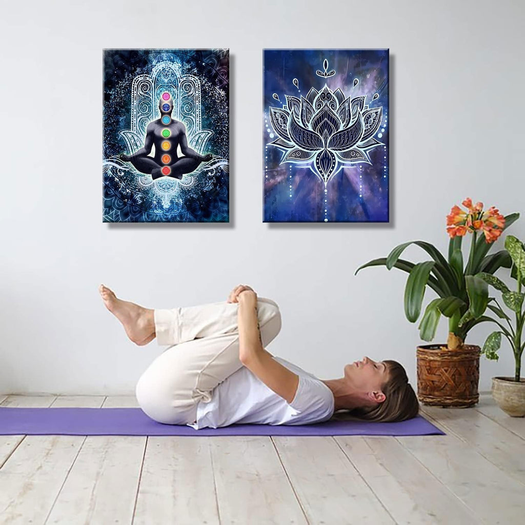 2 Pcs Framed Spiritual Canvas Wall Art Mural Chakra Meditation Poster Lotus Mandala Printed Zen Yoga Artwork Used Mindfulness Therapy Posters Bohemian Picture Home Decoration Gallery Wrapping 12X16Inch