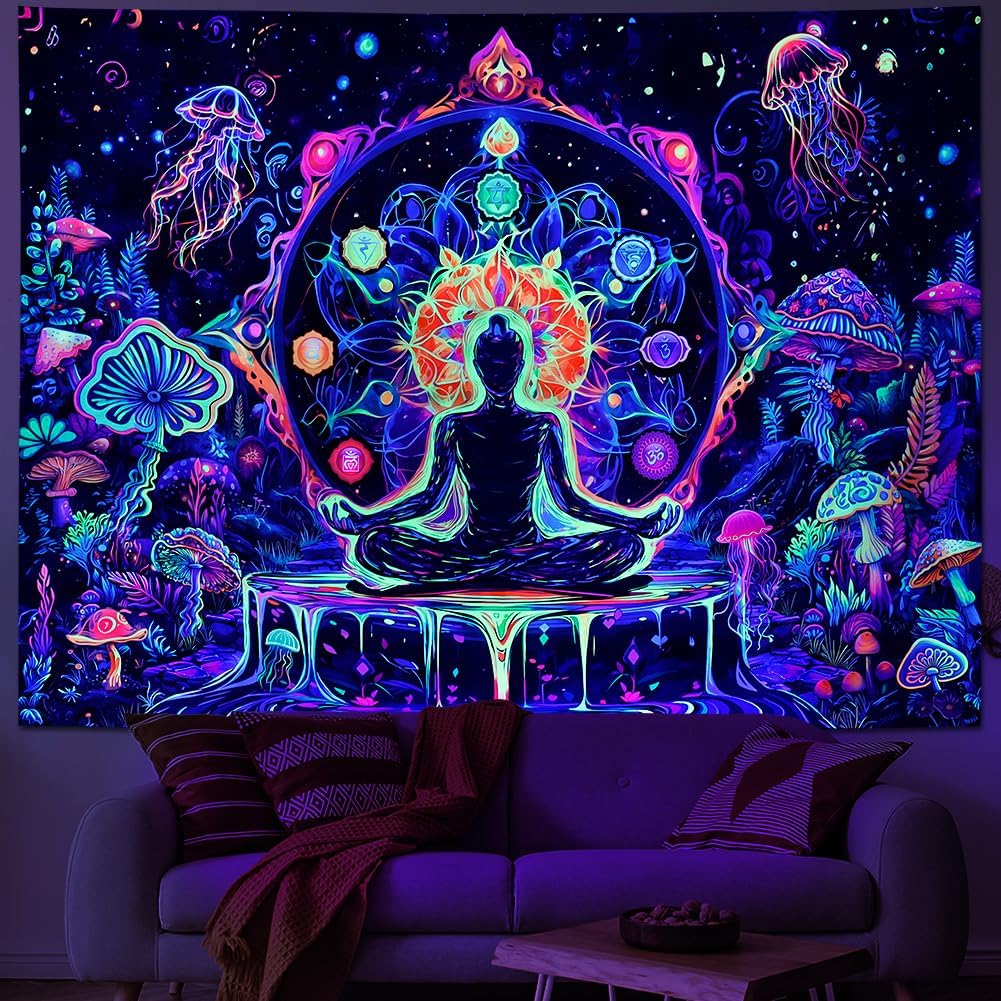 Yuiqear Blacklight Chakra Yoga Meditation Tapestry Mushroom Flower Wall Backdrop UV Reactive Mandala Tapestries Galaxy Space Jellyfish Tapestry Wall Hanging for Bedroom