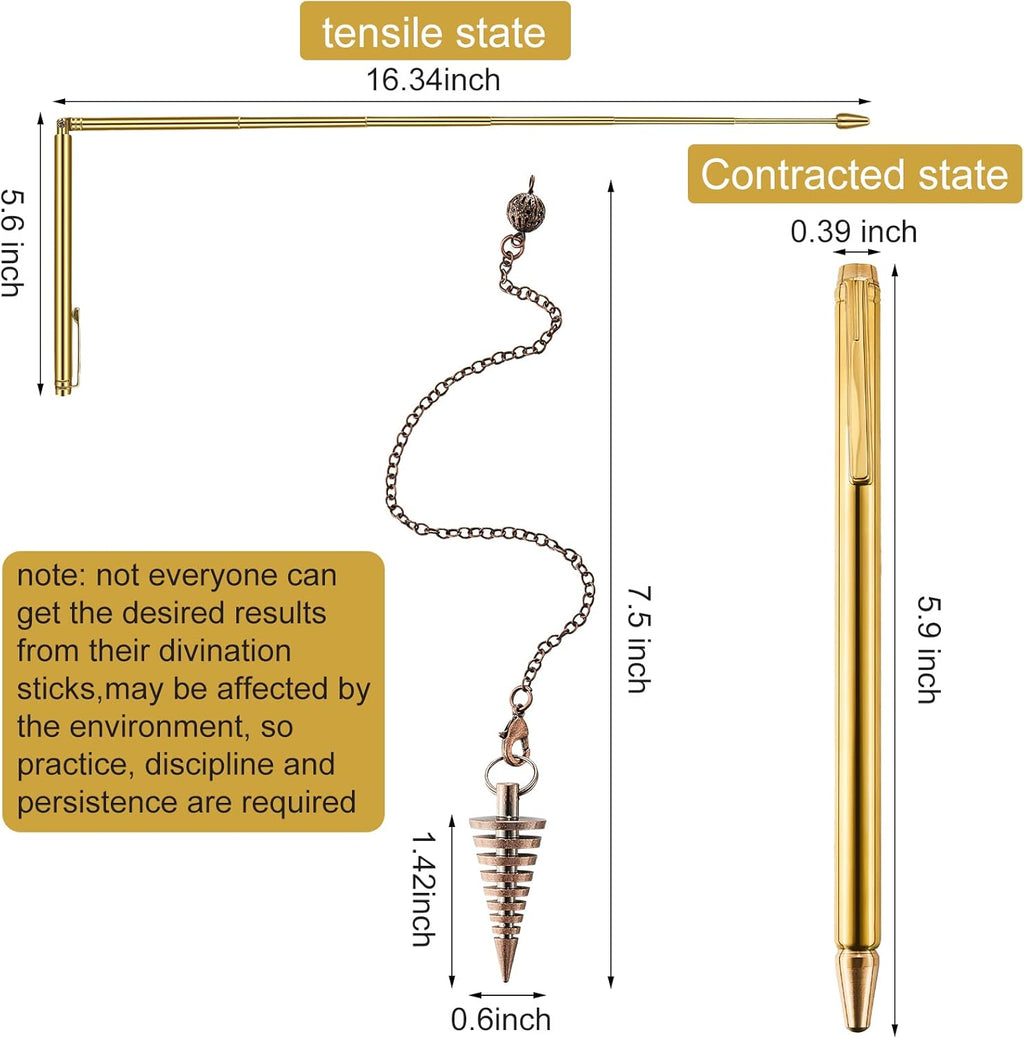 Jadive 3 Stück Wünschelruten Kupfer und Wünschelruten Pendel für Geisterjagd Energieheilung Wünschelwasser inklusive 2 Einziehbare Wünschelruten mit Kupfer Griff und 1 Pendel Anhänger (Gold)
