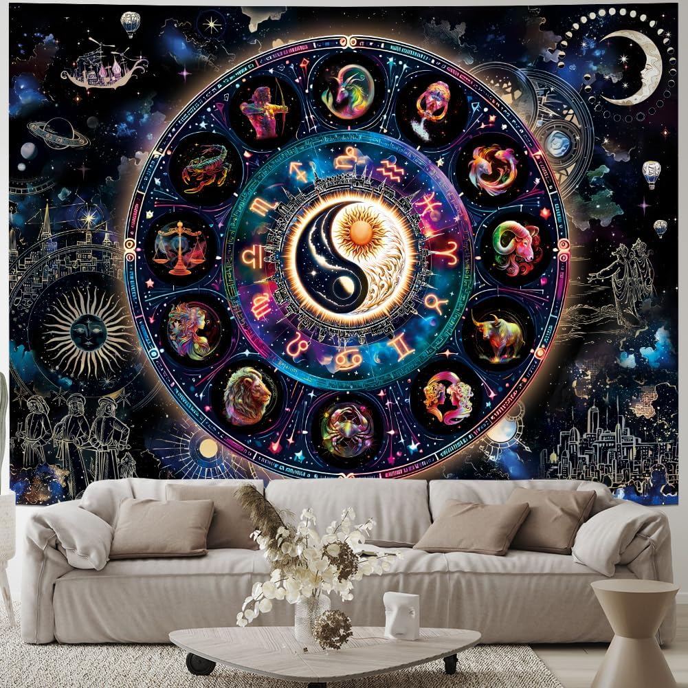 Lahasbja Blacklight Constellation Tapestry UV Reactive Sun and Moon Tapestries Spiritual Zodiac Astrology Wall Tapestries Galaxy Wall Decor Mystic Yin Yang Wall Hanging for Bedroom