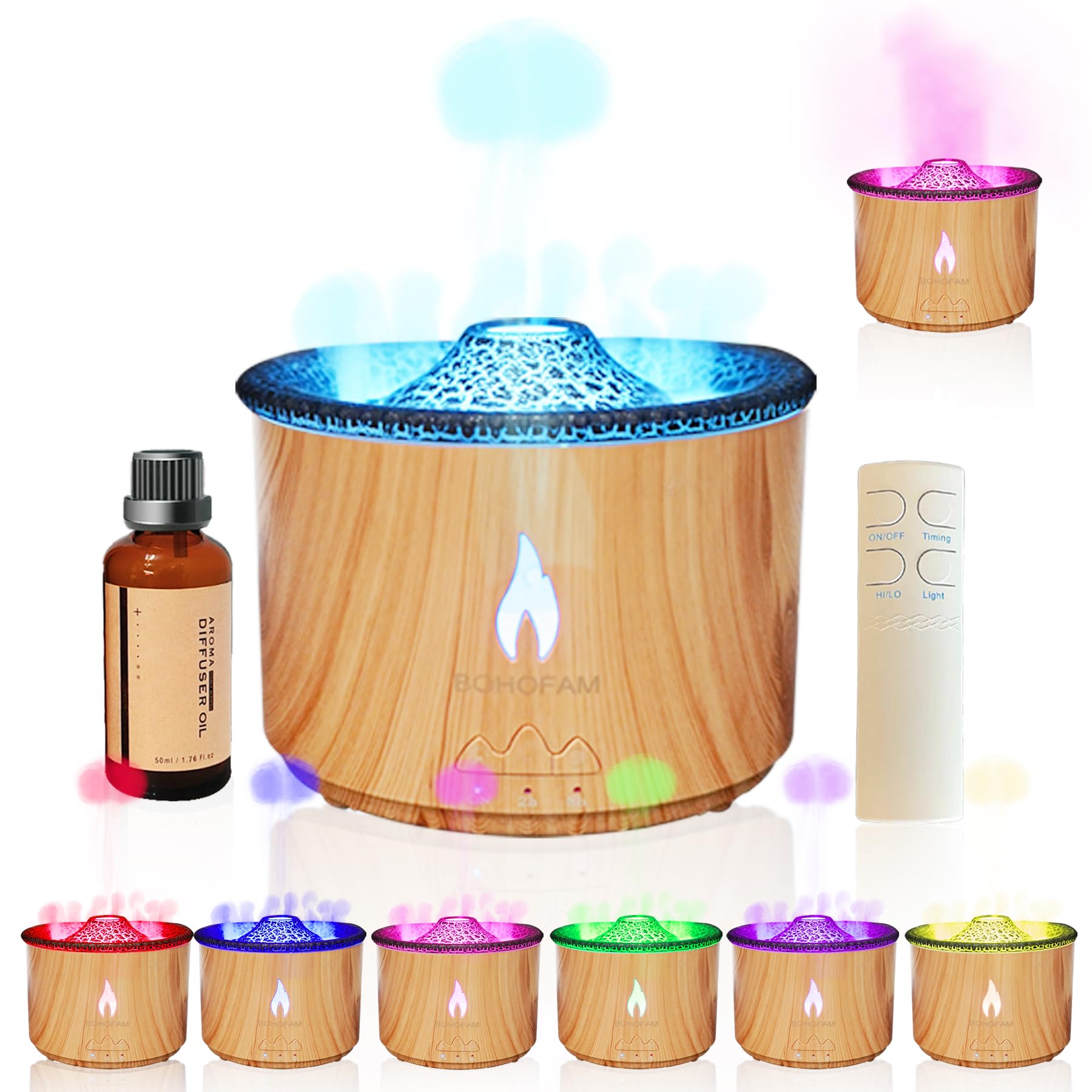 BOHOFAM Aroma Essential Oil Diffuser 360 ML,Volcano and Flame Diffuser/Humidifier,give1.76 oz Hotel Collection Essential Oils,Blue/red Light Selection,Diffusers for Home,Large Room(Black Cracks)