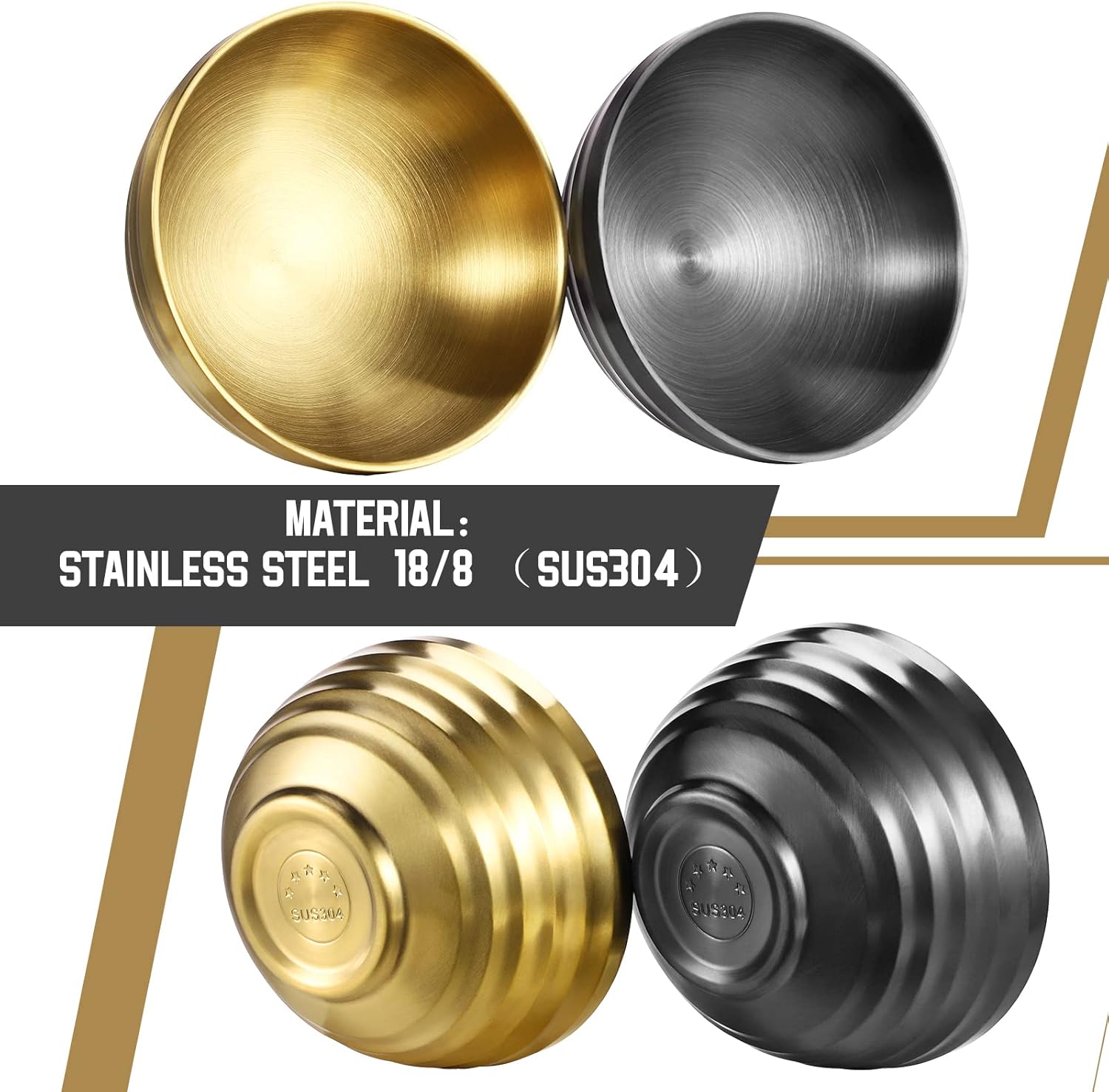 4er Edelstahl Schüsseln Doppelschicht Isolierte Nudelsuppe Schüssel Reis Schüssel Salat Schüssel Müslischalen, Schüsseln für Obst Getreide Snack Vorspeise, Geschirrspüler Sicher (Gold&Schwarz,14cm)