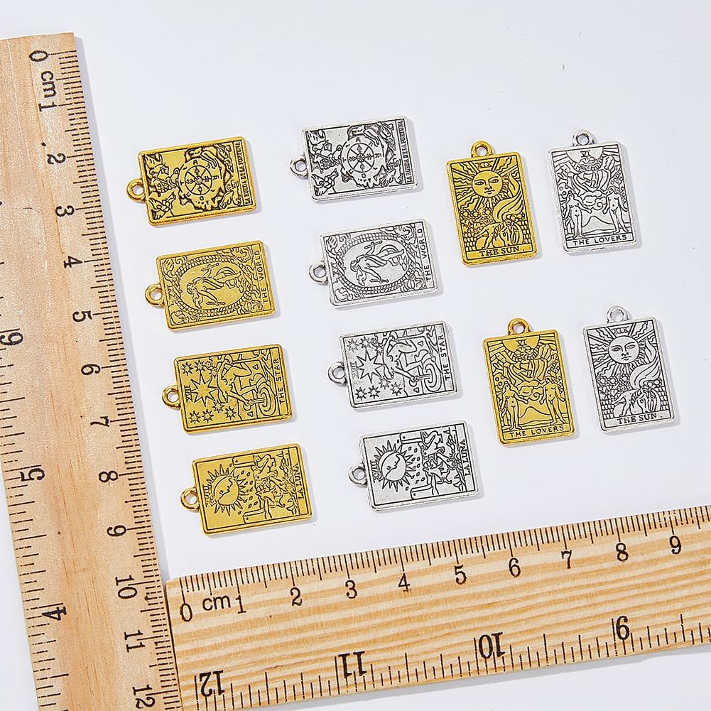 DICOSMETIC Tarot Karten Charme Rechteckige Tarot Anhänger Goldene Silber Legierungsanhänger Astrologie Wahrsagerei Anhänger Glück Amulett Charme Für Die Schmuckherstellung