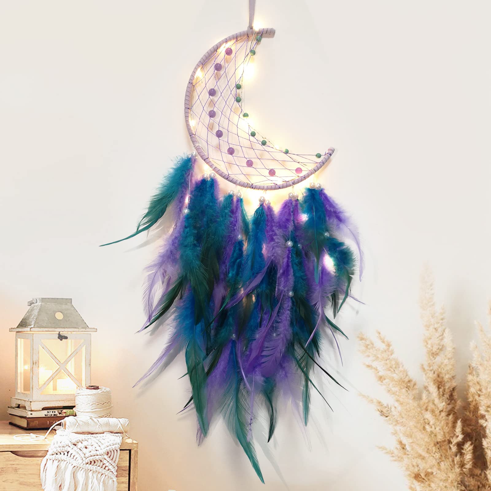 Hongyans Traumfänger mit LED Licht Handgefertigt Dreamcatcher mit Federn Böhmen Dekoration für Schlafzimmer Hochzeit Wandbehang Ornament Mädchen Kinder Geschenk