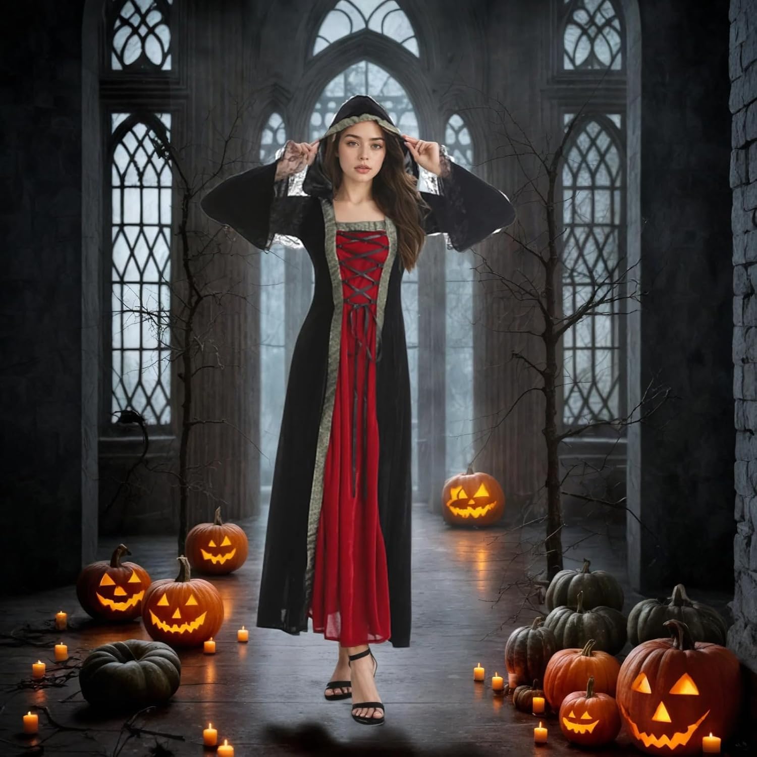 Colorful House Women Medieval Tea Party Dress Victorian Era Bubble Sleeves Velvet High Waist Long Dress with Belt and Gloves