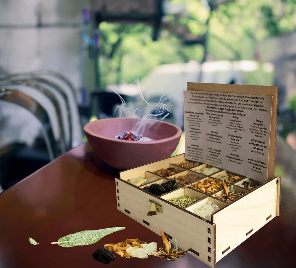 Heilkräuter Manufaktur Räucherbox Geschenkbox mit 12 Sorten Räuchermischungen Rituale im Jahreskreis, Jahreszeiten, 14 x 10 x 4 cm