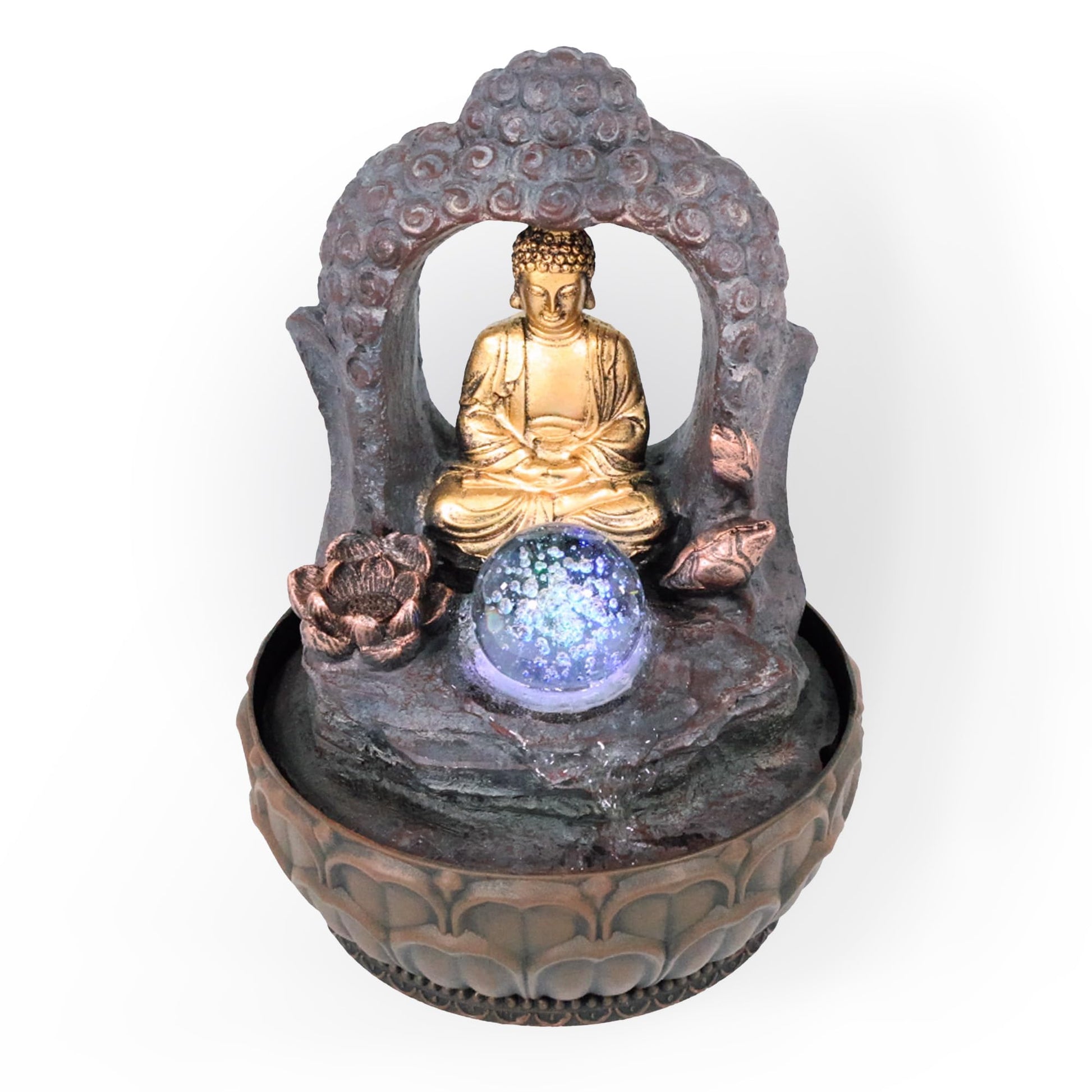 Indoor Fountain Golden Buddha with LED Lighting Table Fountain with Waterfall Decorative Fountain in Rock Look Zen Feel-Good Fountain for Home