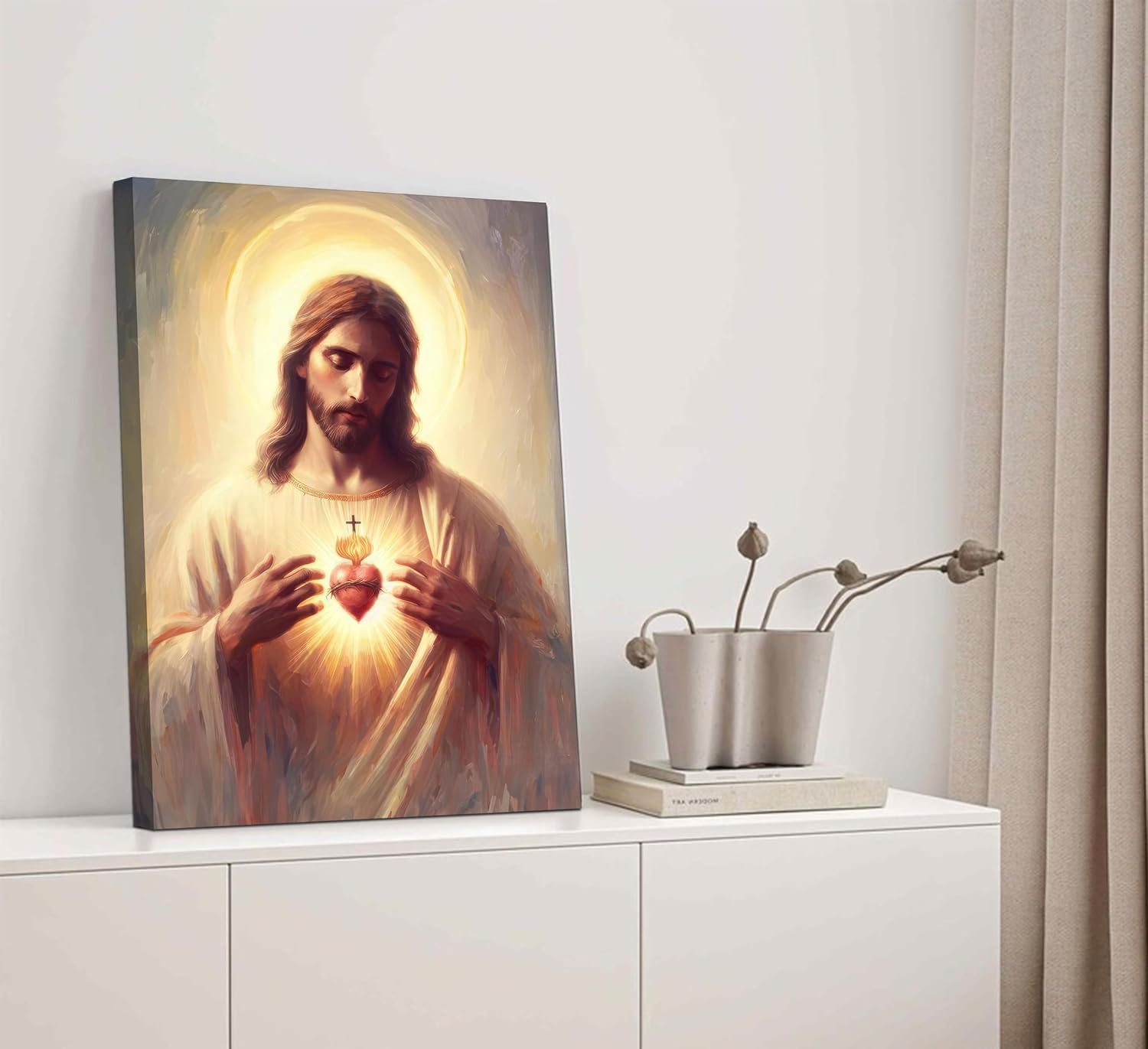 Jesus Sacred Heart Canvas Wall Art Painting Christian Poster Print Divine Mercy Picture Religious Spiritual Wall Decor for Bedroom Living Room 16x24in Framed