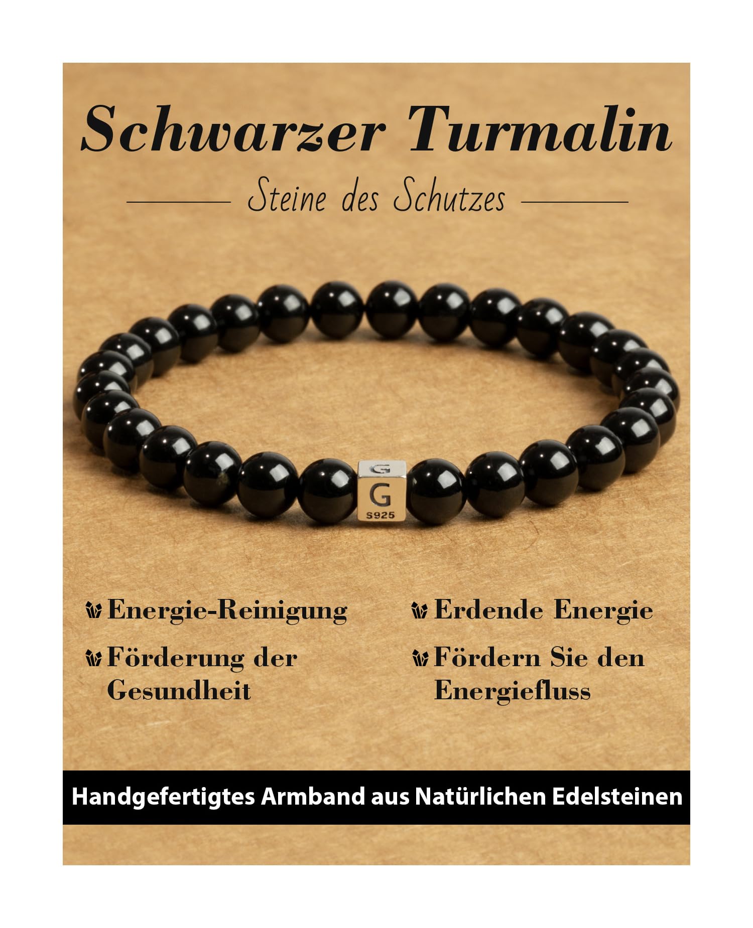 Handgemacht 6mm Naturstein Schwarzer Turmalin Armband mit 925 Sterling Silber Perlen, Heilstein Edelstein Perlenarmband, Damen Herren Buchstaben Armbänder. Schmuck Geschenk. Fakultativ A-Z