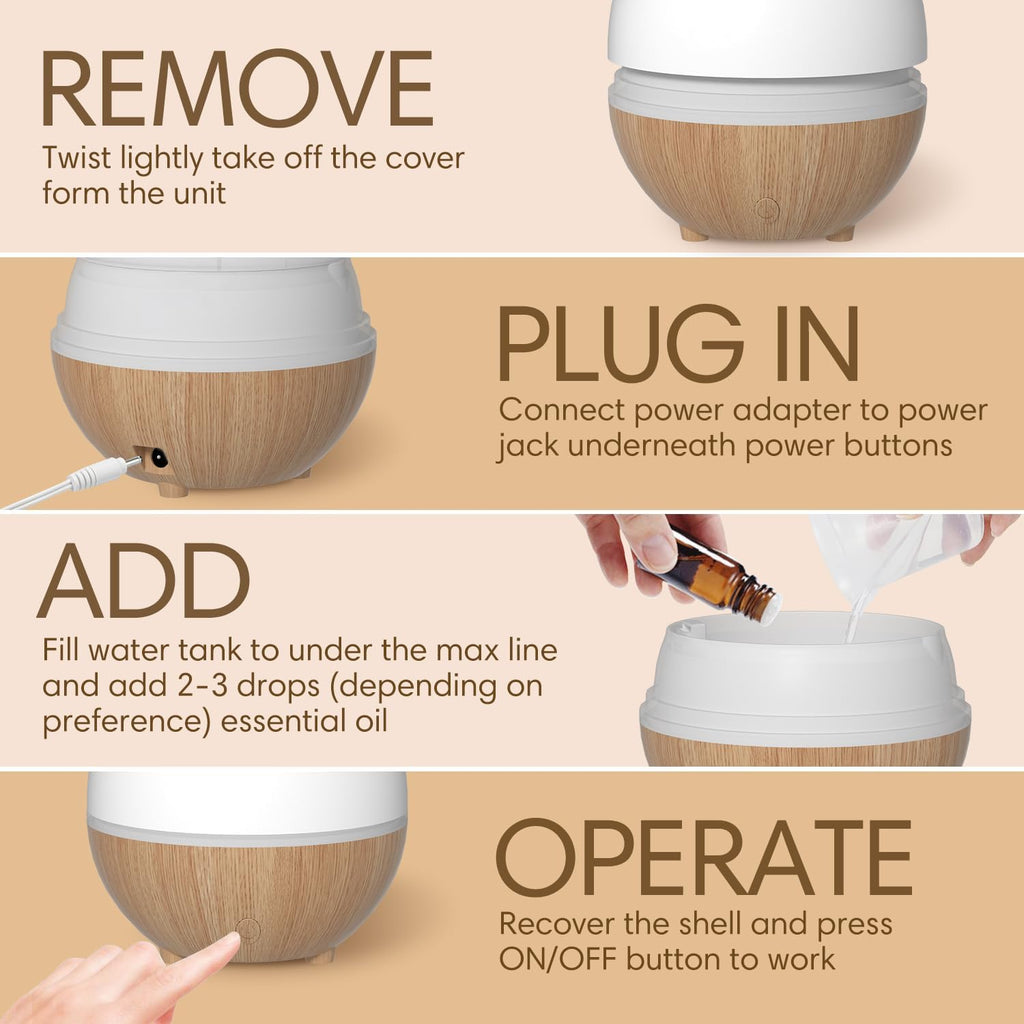 SALKING Aroma Diffuser, 100 ml Small Ultrasonic Aromatherapy Diffuser for Essential Oils, with Automatic Shut-Off Function, Warm White Light, White Wood Grain Diffuser for Home, Office or Yoga