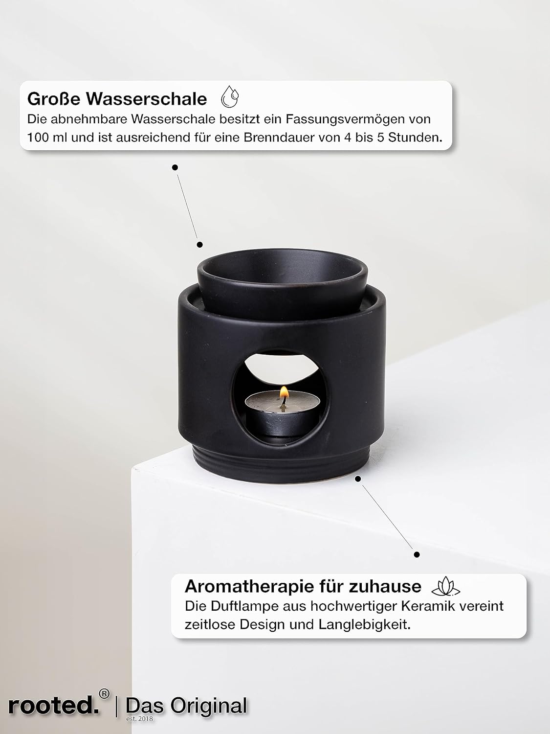 rooted.® Aroma Lamp Ambience Tea Light Design Aroma Lamp Made of Ceramic Warmer for Essential Oils, Fragrance Oil and Scented Wax Matt Black German Brand Quality