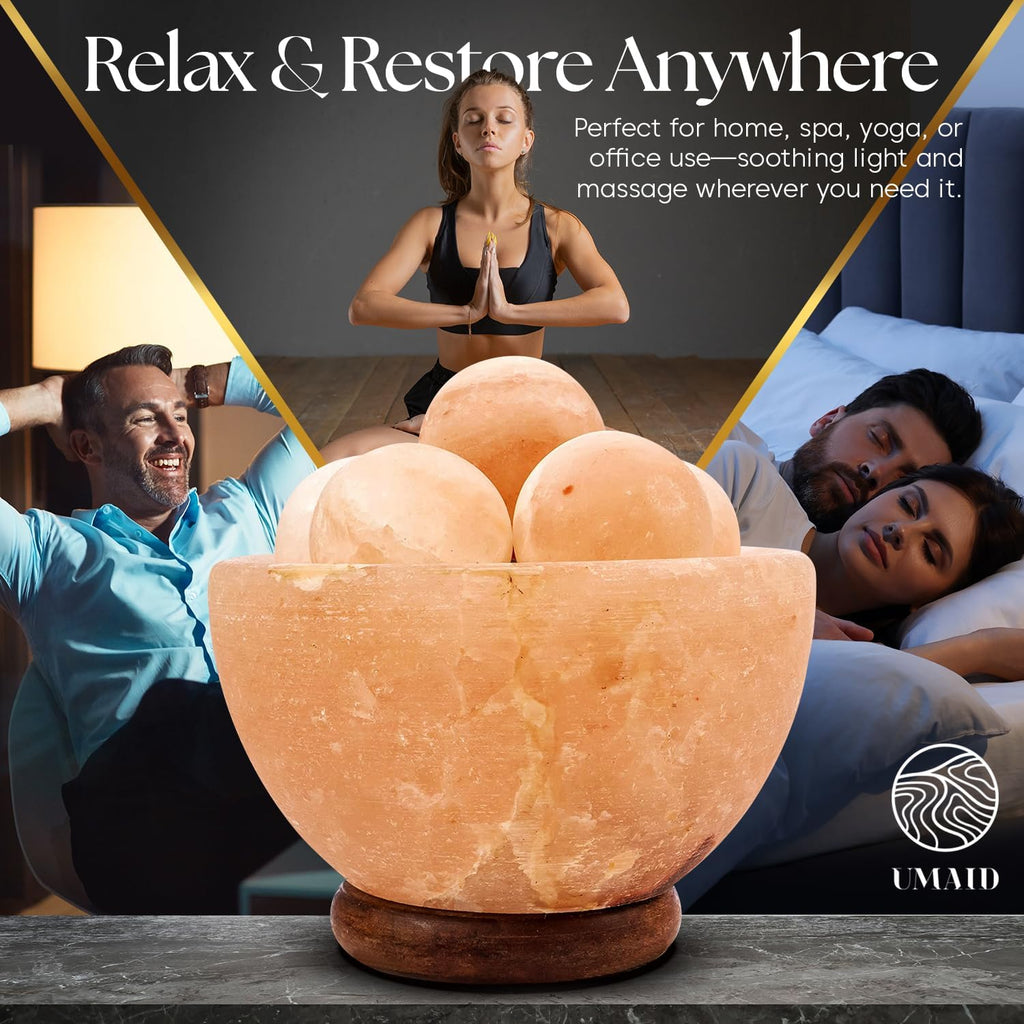 UMAID Himalayan Salt Lamp Bowl with 6 Himalayan Salt Massage Stones, Dimmable Pink Rock Salt Lamp for Bedroom, Office Desk & Meditation Room, Spa Decor, Relaxation Home Decor Gifts for Men & Women