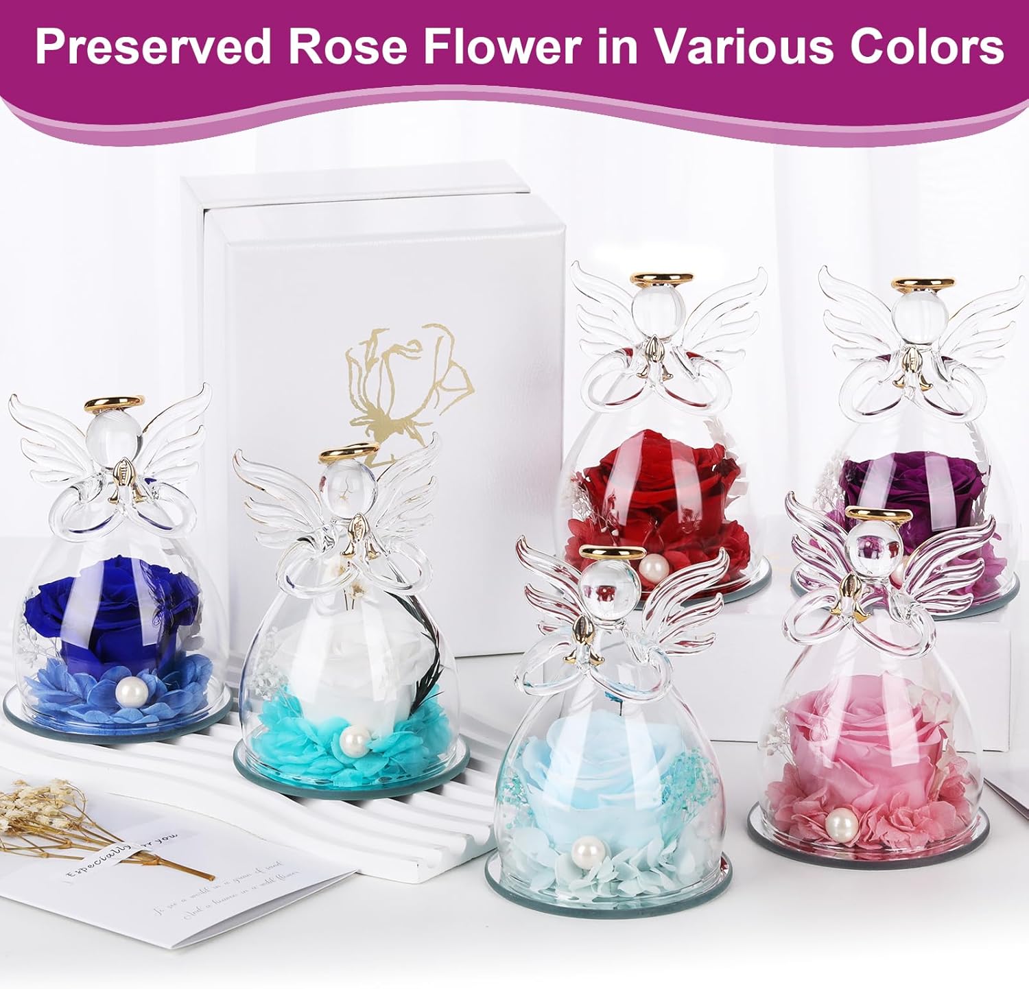 Ewige Rose Engel Geschenke für Mama, Ewige Rose in Engel Glaskuppel für Sie, Infinity Rosen Konservierte Blumen Handgemachte, Engelsfigur aus Glas, Geschenk für Frauen Mutter Oma Großmutterk