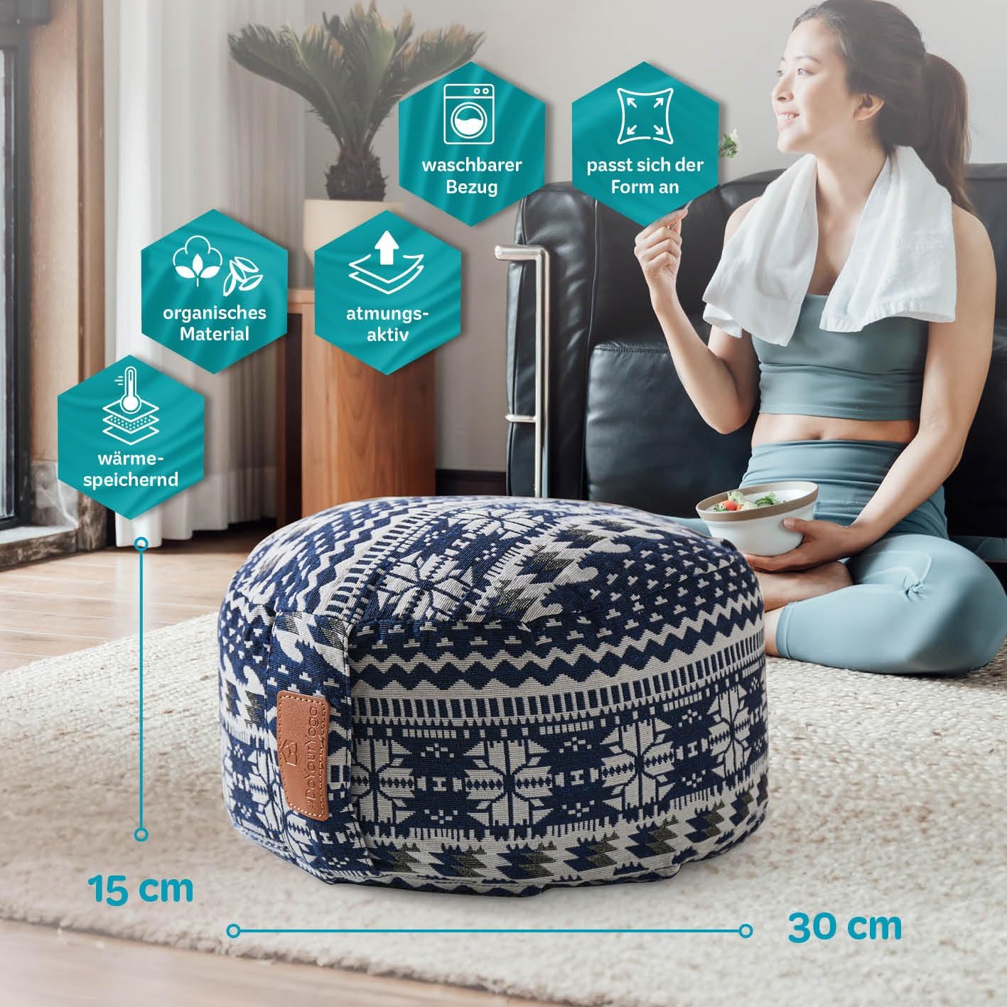 rundes Yogabolster 30cm x 15cm | Waschbarer Bezug |gefüllt mit Bio-Dinkelspelz (KBA) oder Bio-Buchweizenschalen (KBA) | Yoga Kissen für Yin Yoga & Meditation