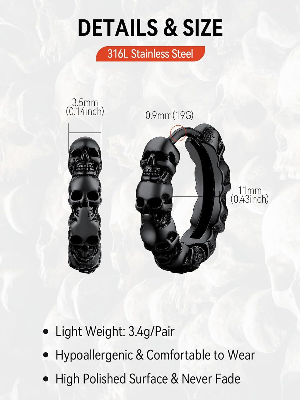 FaithHeart Edelstahl Totenkopf Ohrstecker für Herren Damen Punk Gotik Schädel Ohrring Piercing Creolen Ohrstecker für Weihnachten Valentinstag Halloween