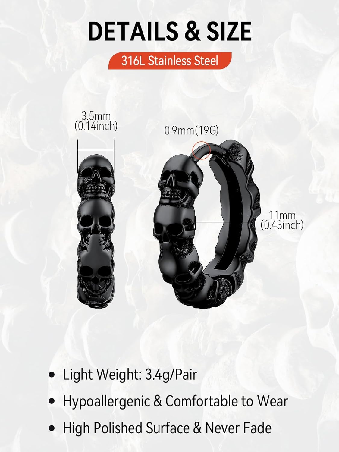FaithHeart Edelstahl Totenkopf Ohrstecker für Herren Damen Punk Gotik Schädel Ohrring Piercing Creolen Ohrstecker für Weihnachten Valentinstag Halloween