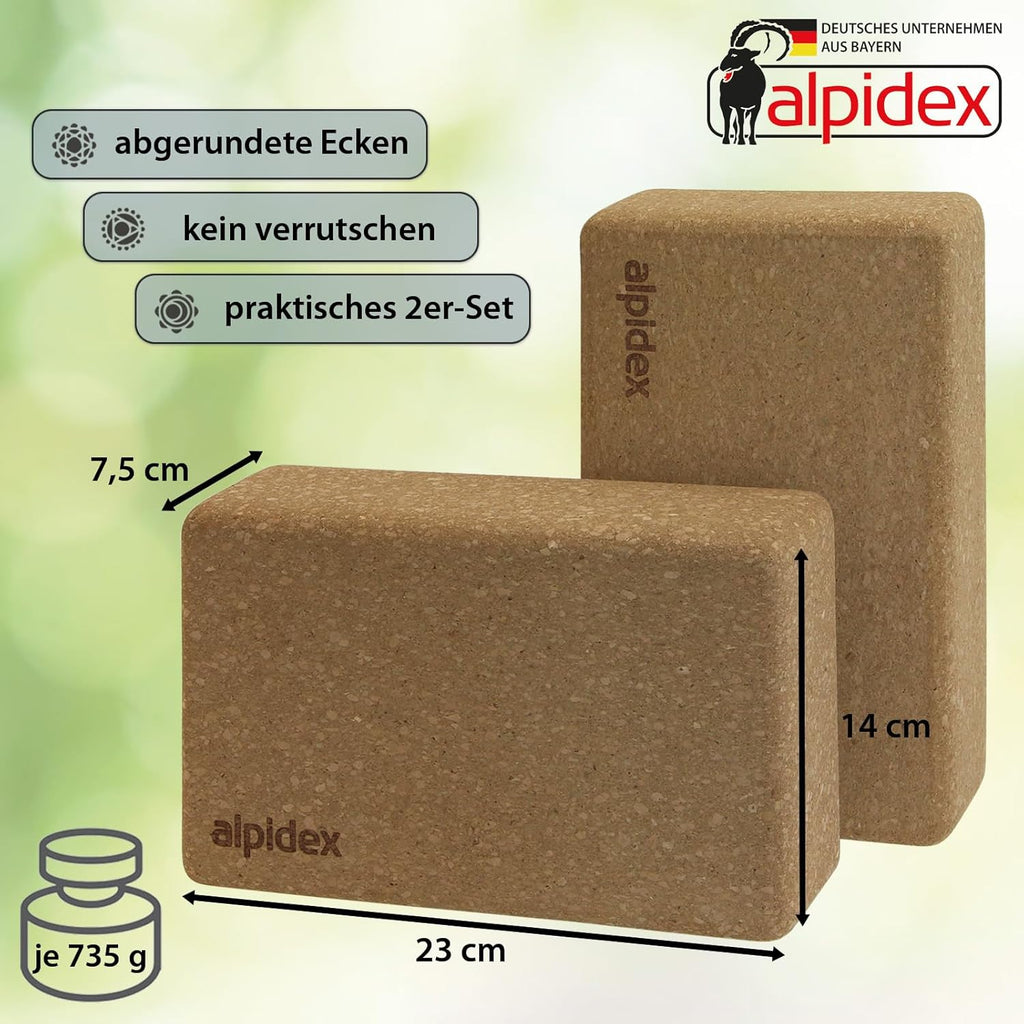 ALPIDEX Yogablock 2er oder 4er Set inkl. E-Book mit 100 Übungen Ökologisch Nachhaltig Naturkork aus Portugal Korkblock Yoga Pilates | 7 Jahre Garantie auf Material*