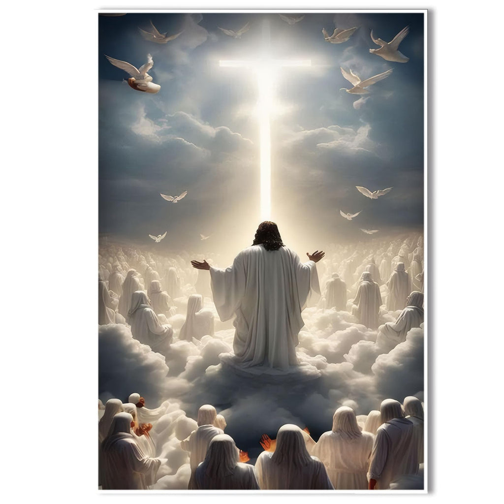 Jesus canvas painting spiritual artwork featuring a girl in a flowing white robe happily playing in a warm field of golden daisies. Adds a vibrant atmosphere to your home's sacred wall decor