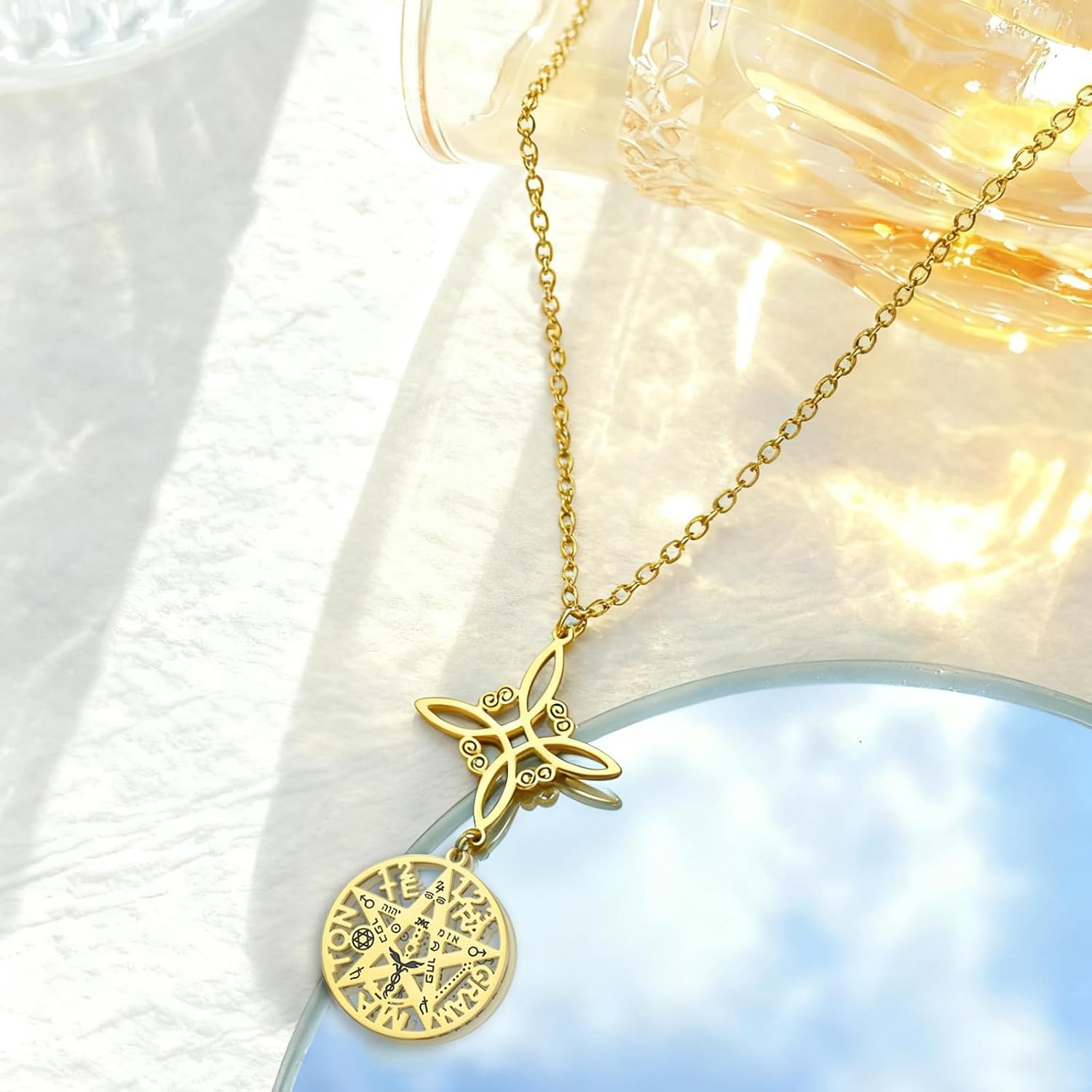 VASSAGO Witch Knot Tetragram Pentagram Necklaces Celtic Knot Pendant Double Protection Witchcraft Pagan Amulet Irish Jewellery for Women Men