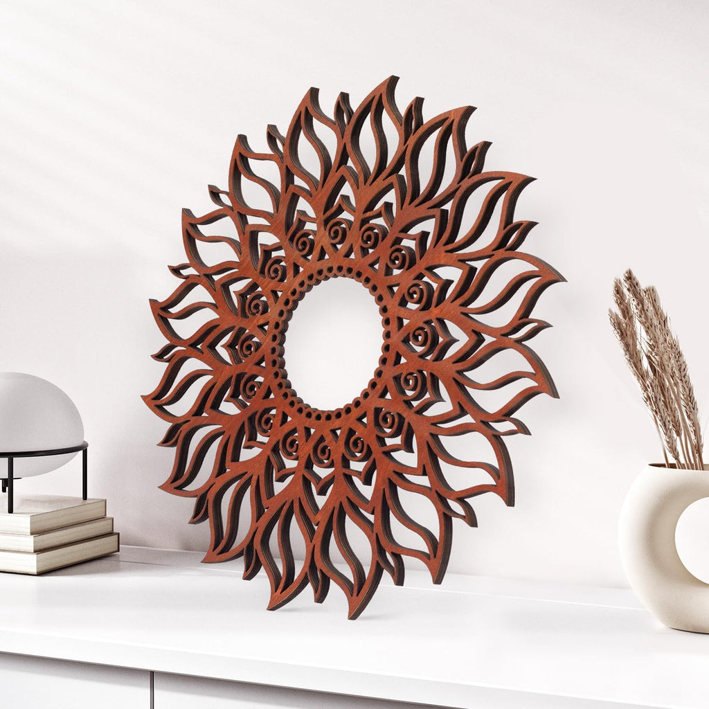 ADDMES 30cm Sun Wall Art Wooden Sculpture Hollowed Mandala Hanging Sign for Indoor Outdoor Home Garden