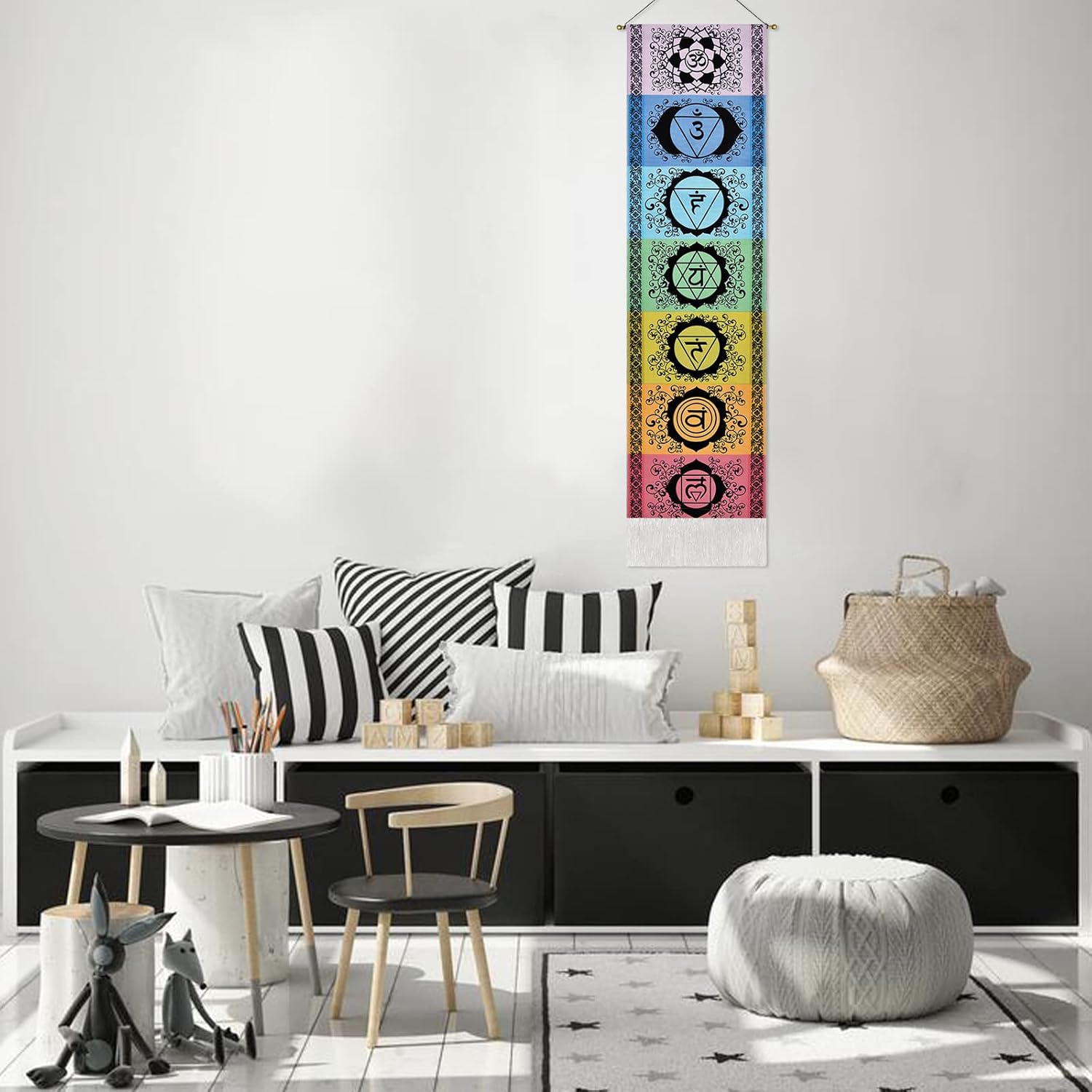Yugarlibi Chakra Wandbehang, Meditation Yoga Wandteppich Bunt, Psychedelic Trippy Wandteppich mit Quaste, Mandala Tapisserie Wall Hangings für Schlafzimmer Wohnzimmer, Schwarz Chakra 130x32.5cm