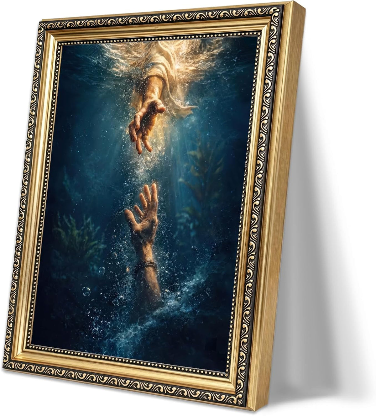 Vintage Hope and Faith Ocean Waves Framed Wall Art Divine Helping Hand Canvas Print Spiritual Renaissance Oil Painting Antique Gold Frame for Living Room Bedroom Kitchen Home Office Gallery Wall Decor Gift for Art Lovers Friends New Homeowners 9x11 Inch