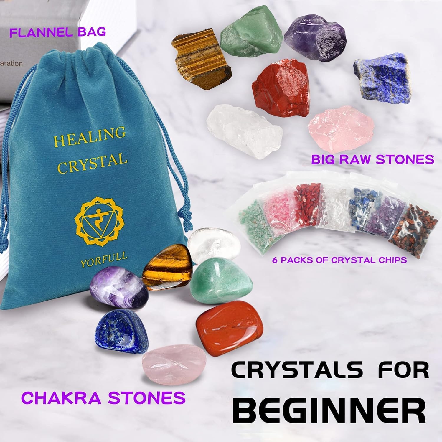 YORFULL Kristalle Heilsteine 7 Chakra Steine Set, 23 PCS Edelsteine Heilsteine, Edelsteine Mineralien Steine Trommelsteine für Yoga, Meditation Entspannung, Kristall-Schiefer mit Anweis