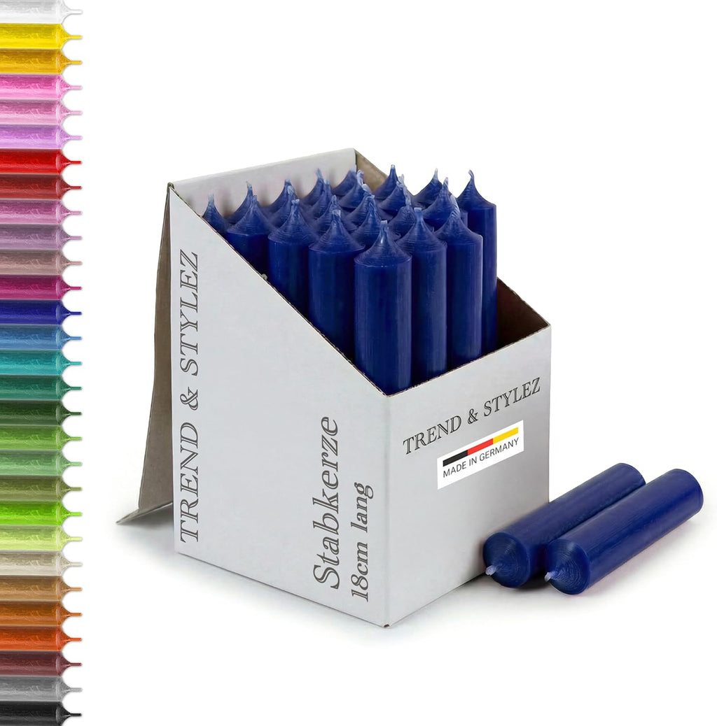 25 Stabkerzen 180mm x 22mm | Durchgefärbte Spitzkerzen | 8+ Stunden Brenndauer | Made in Germany - Ohne Tropfen & Rußen | RAL-Zertifizierte Tafelkerzen unparfümiert (Dunkel Blau)