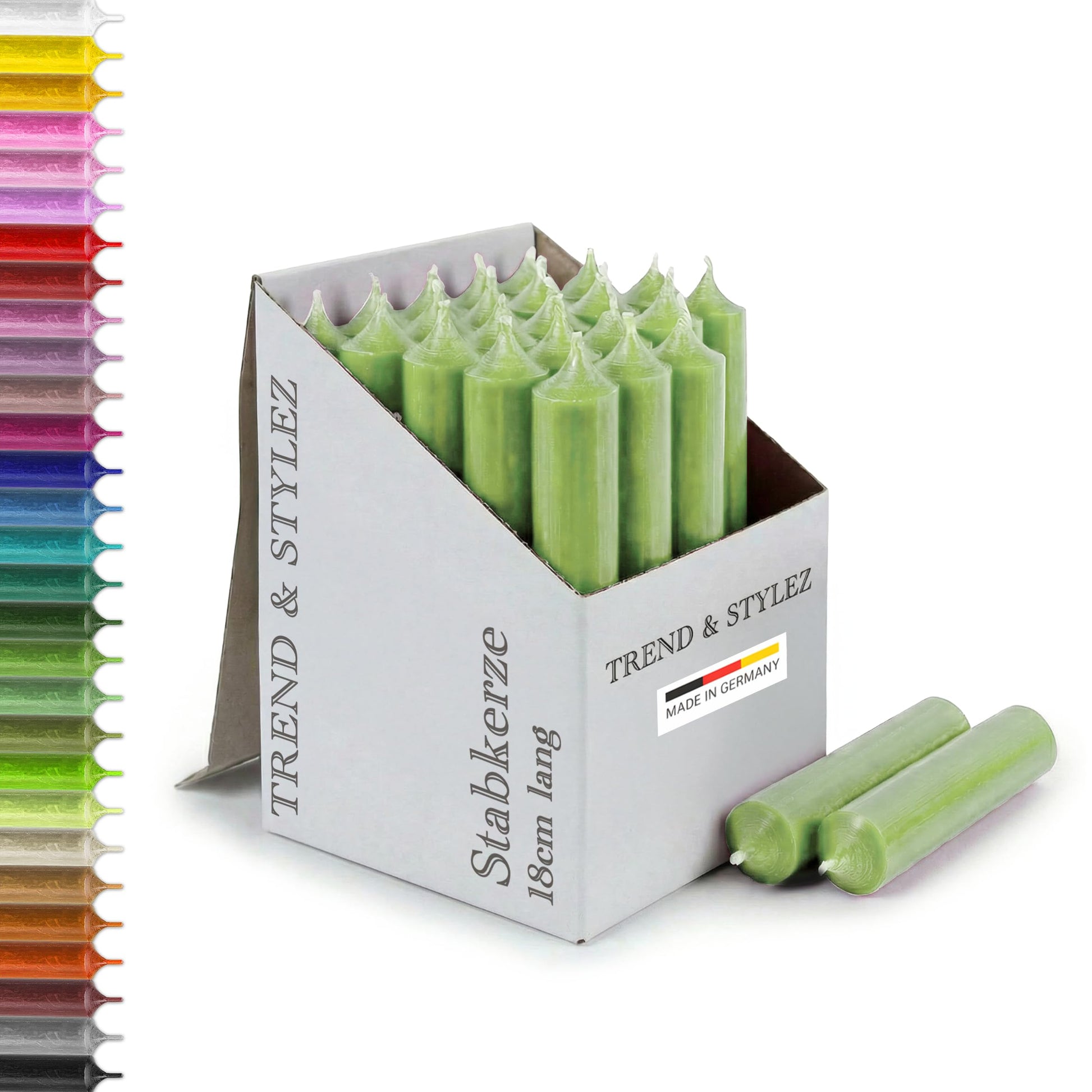 25 Stabkerzen 180mm x 22mm | Durchgefärbte Spitzkerzen | 8+ Stunden Brenndauer | Made in Germany - Ohne Tropfen & Rußen | RAL-Zertifizierte Tafelkerzen unparfümiert (Grün)