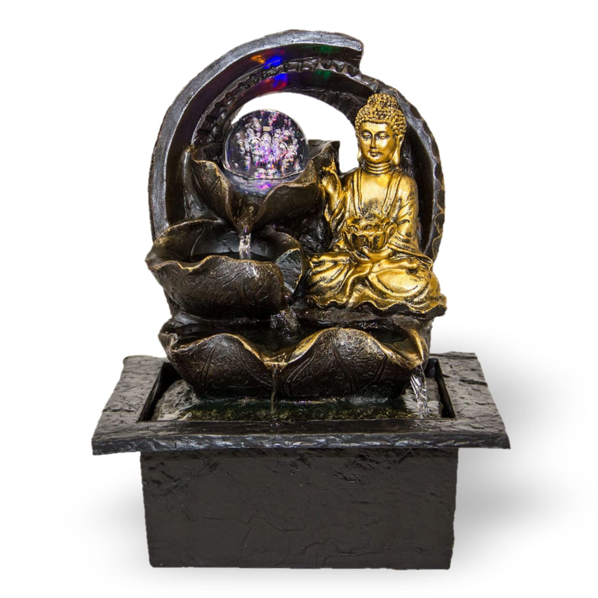 Indoor Fountain Golden Buddha with LED Lighting Table Fountain with Waterfall Decorative Fountain in Rock Look Zen Feel-Good Fountain for Home