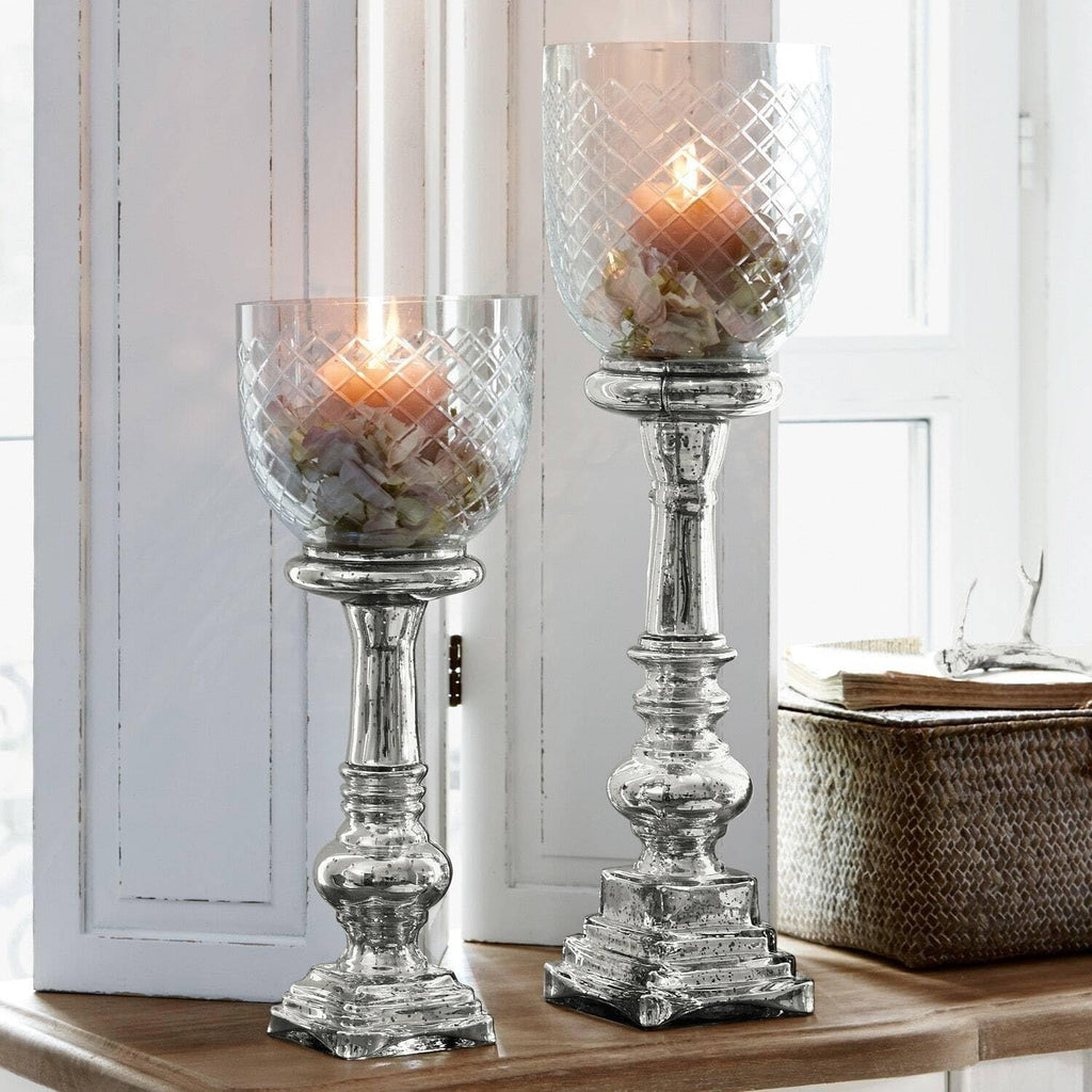 Loberon Windlicht 2er Set Layci, majestätische Wirkung, feiner Rautenschliff, Antik-Finish, Kerzenhalter, für Teelichter oder Stumpenkerzen, Glas, Silber/klar