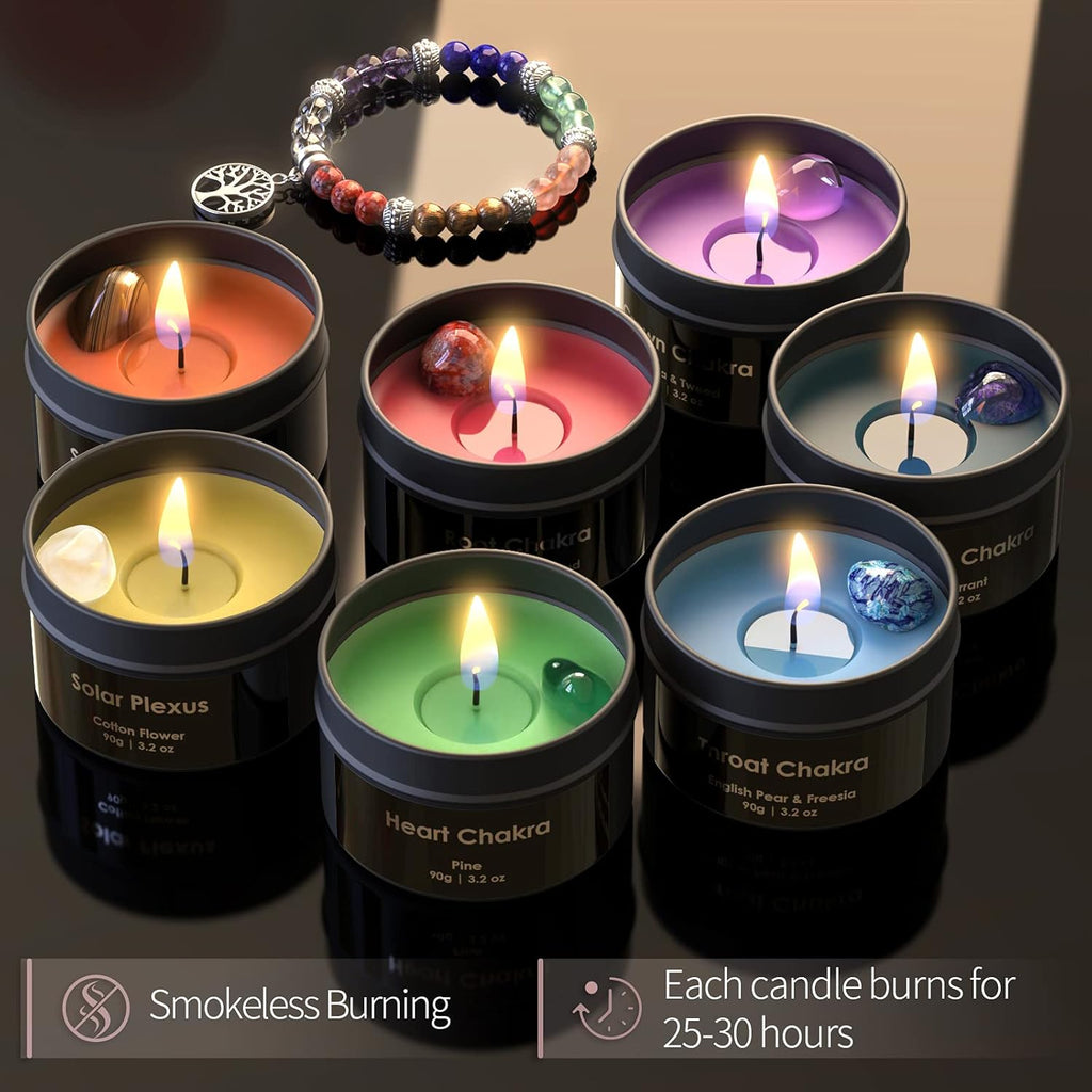 Inspireyes Chakra Kerze mit Premium-Kristall und Heilsteinen, Meditations-Duftkerzen, Geschenkset für Frauen, Stressabbau, spirituelle Dekoration, Yoga, Aromatherapie, 7er-Set, Schwarz