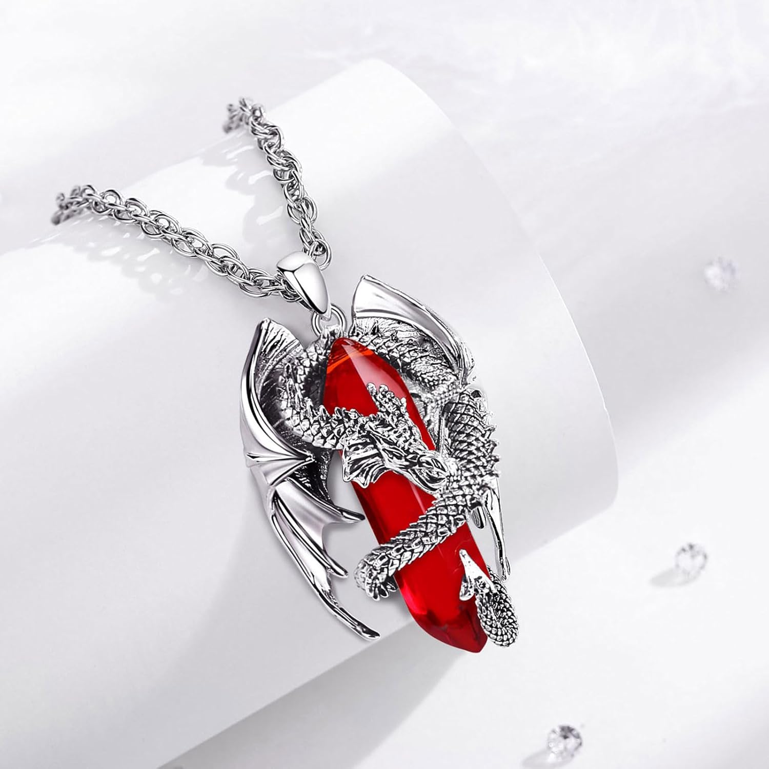 INFUSEU Kristall Drachen Kette, Nordischer Drache Gewickelter Zylinder Edelstein Kristall Anhänger Sechseckiger Heilkristall Anhänger Gothic Naturkristall-Schmuck Geschenk für Männer Frauen