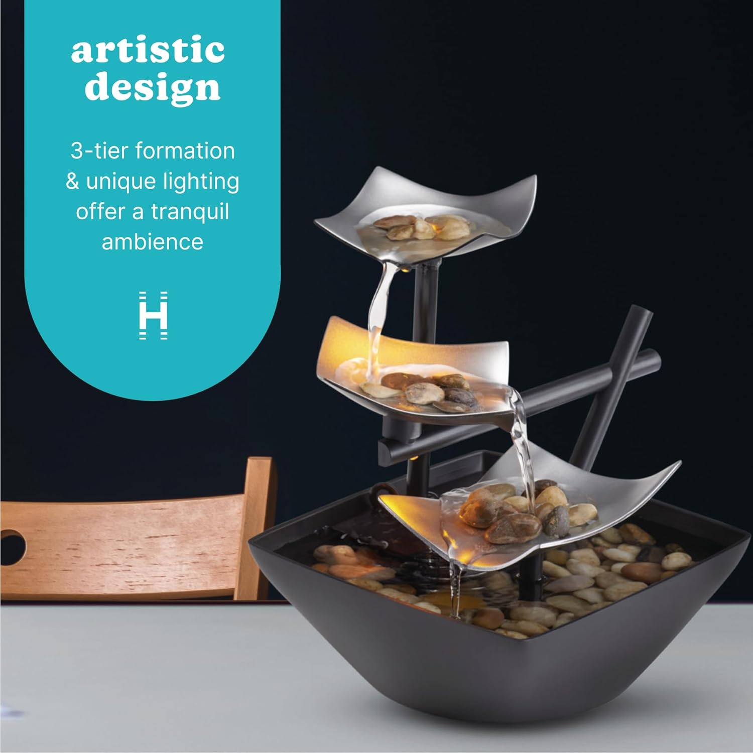 Homedics Tabletop Water Fountain, Home Décor Soothing Sound Machine | Automatic Pump, Deep Basin & Natural River Rocks. Indoor Zen Relaxation for Office, Living Room, or Bedroom, 8.25” Tall