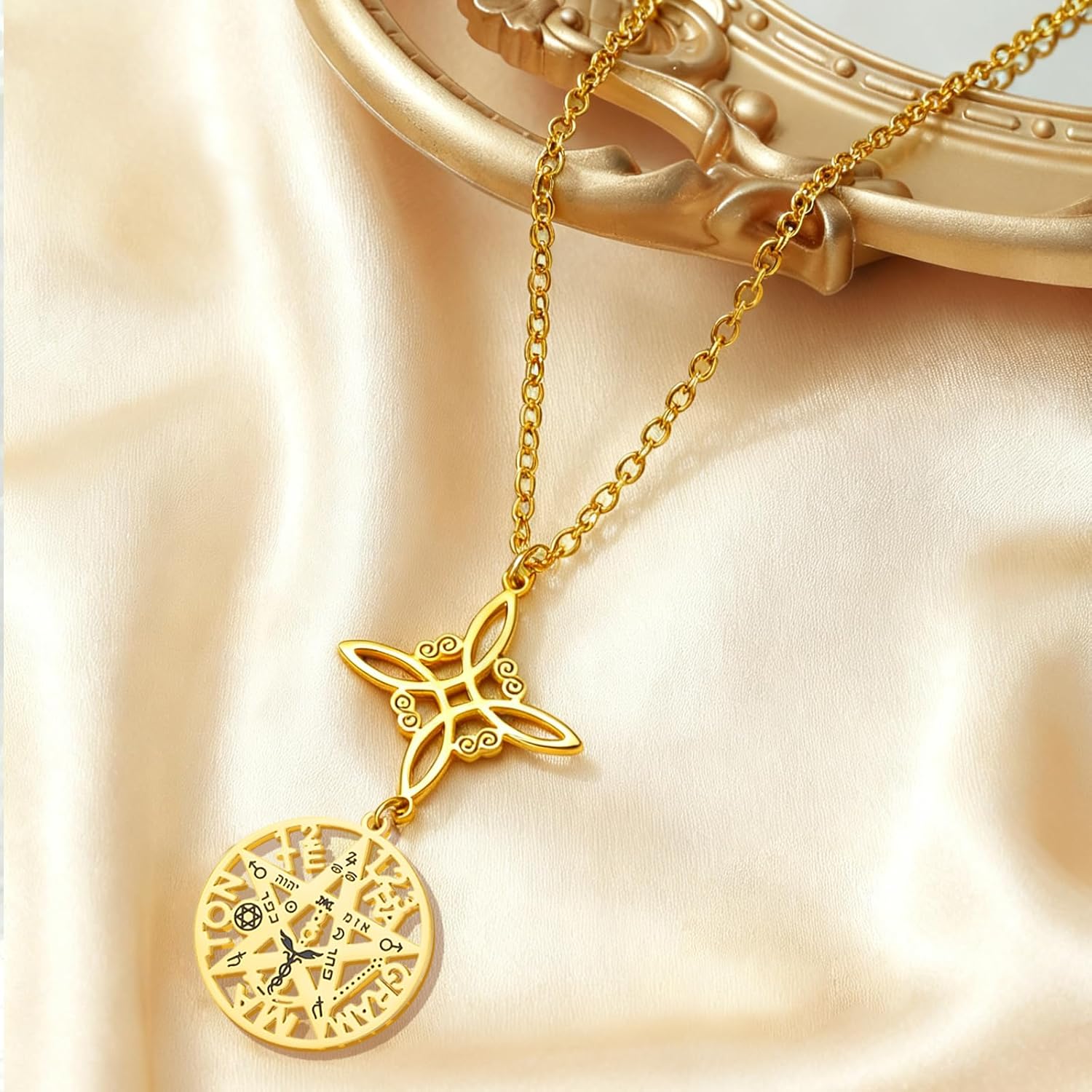 VASSAGO Witch Knot Tetragram Pentagram Necklaces Celtic Knot Pendant Double Protection Witchcraft Pagan Amulet Irish Jewellery for Women Men