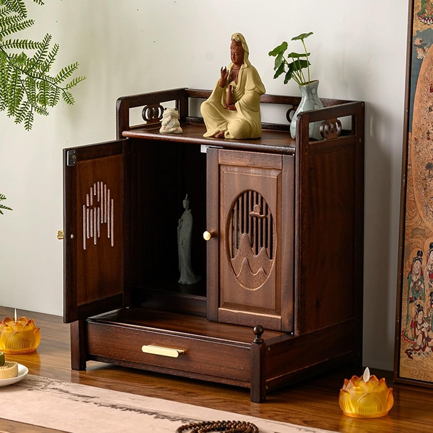 Vintage Altarschränke für Schreibtische, buddhistische Altartische für Kirchen mit ausziehbarem Regal, Opfer- und Meditationsschreine, Buddha-Statuentische für Zuhause, für Tempel.