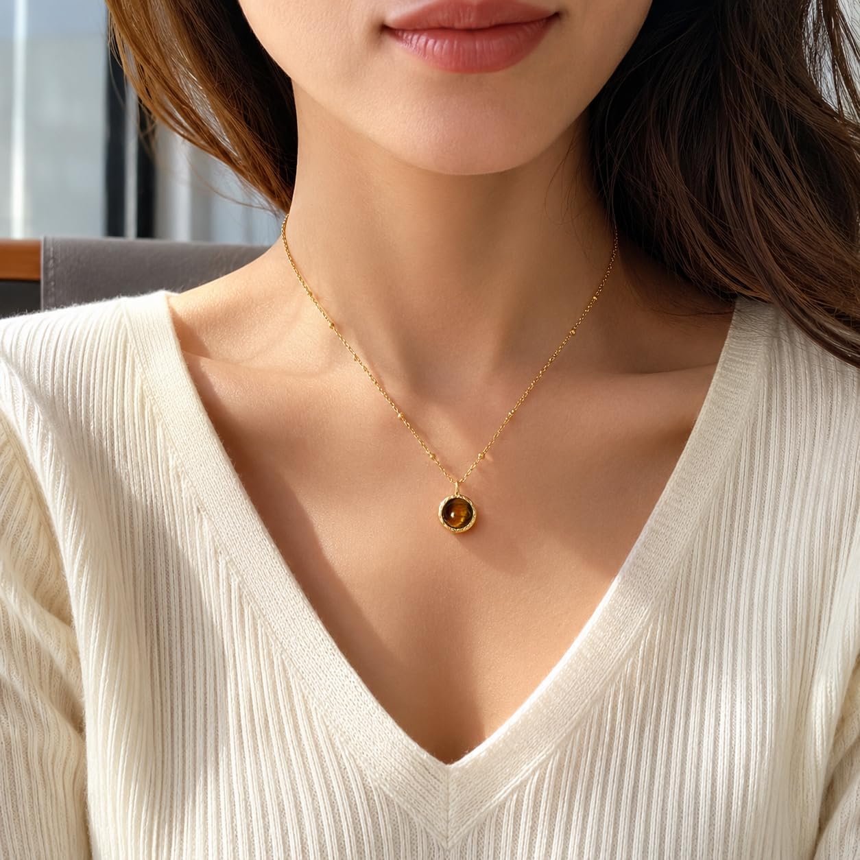 Gold Tiger Eye Necklace for Women, Small Pendant Everyday Jewelry