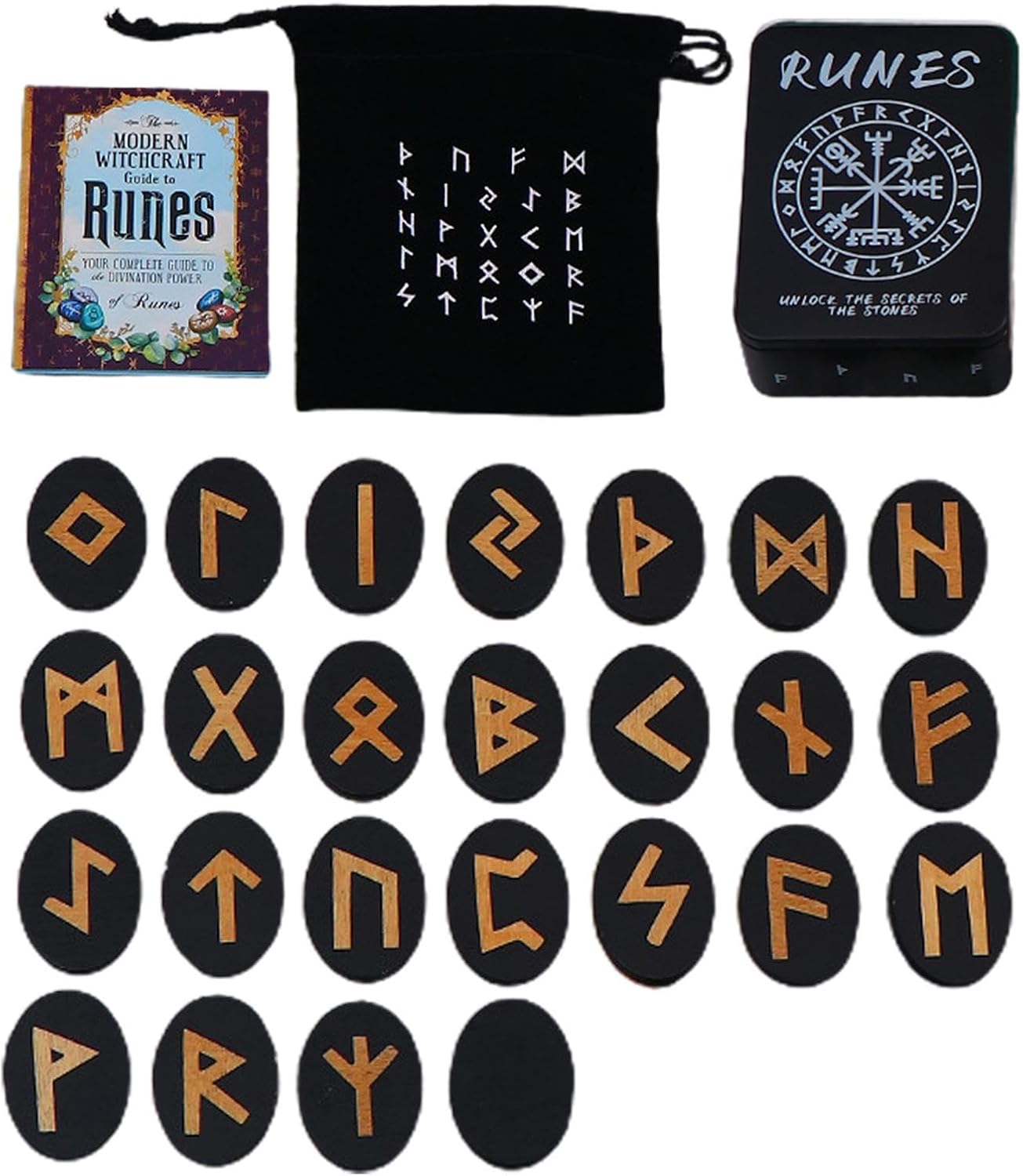 Fabixoin Witch Runes Set | Altar Divination Tools with Manual and Storage Bag, 25 Pieces Wooden Runes for Meditation, Spirituality, Entertainment, Witch Home Decoration