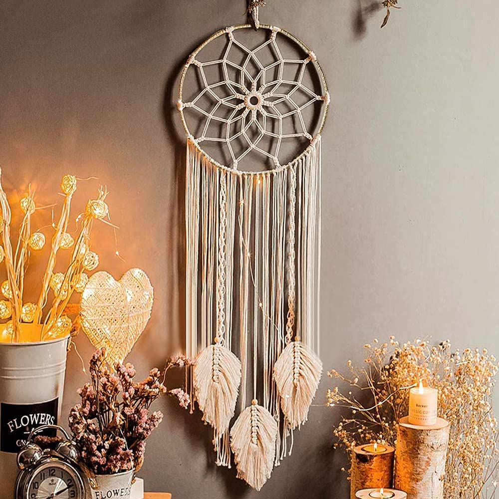 LOMOHOO Makramee Traumfänger Wandbehang Gewebte Feder Wandbehang Handgemachter Traumfänger Boho Quasten Dekoration Wohnkultur Ornament Bastelgeschenk für Schlafzimmer Wohnzimmer（kein Licht）