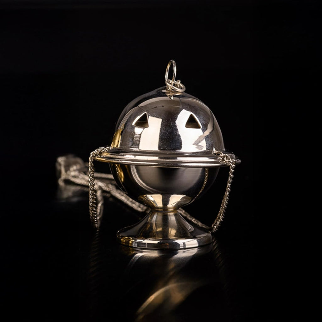 NKlaus Incense Burner & Incense Barrel Made of Brass Silver - Incense Burner with Chain 33 cm - Traditional Incense Holder 8 x 6.5 cm for Home & Church - Handmade & Elegant 7529