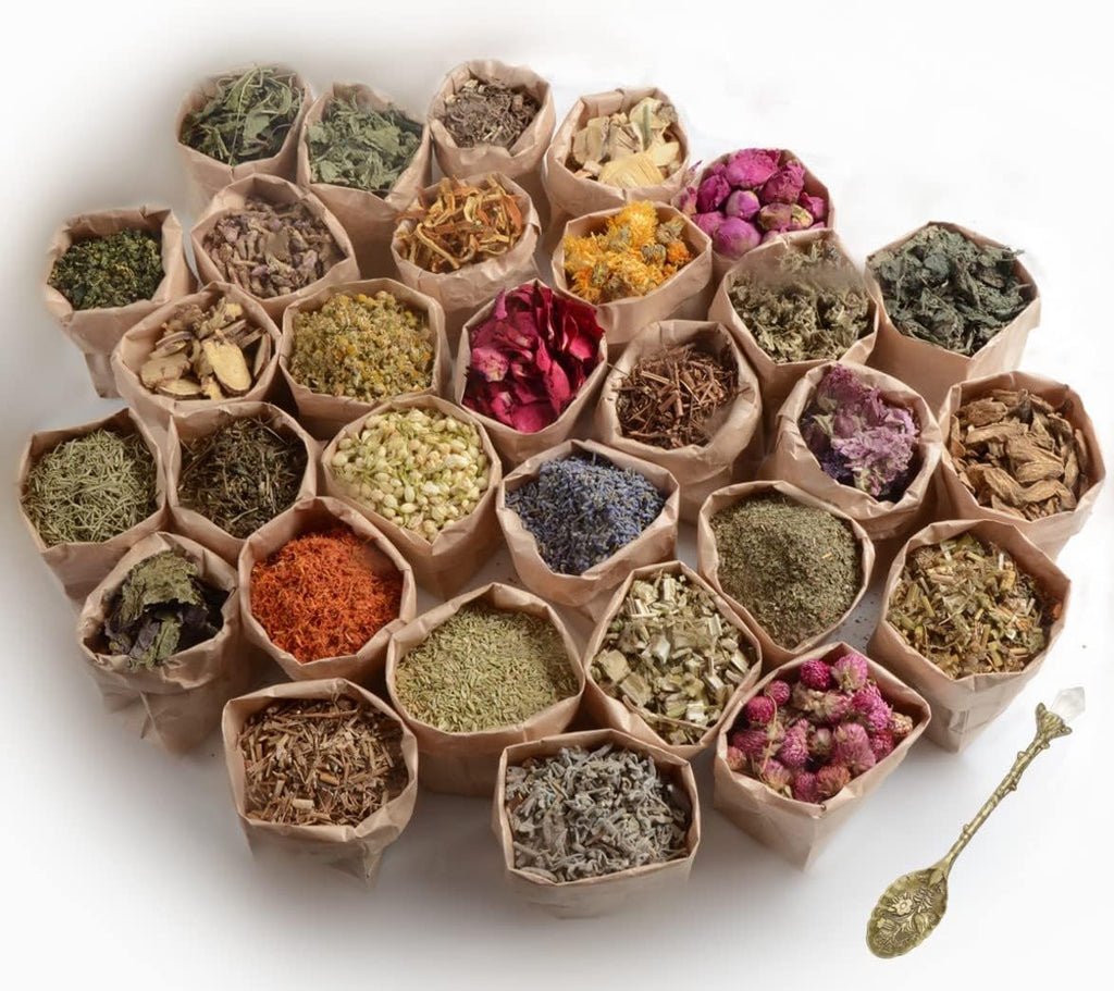 Dried Herbs for Witchcraft Supplies and Tools - 30 Wiccan Herbs for Protection, Herbal Magic, Spells, Wiccan Altar Bugs - Crystal Spoon Included