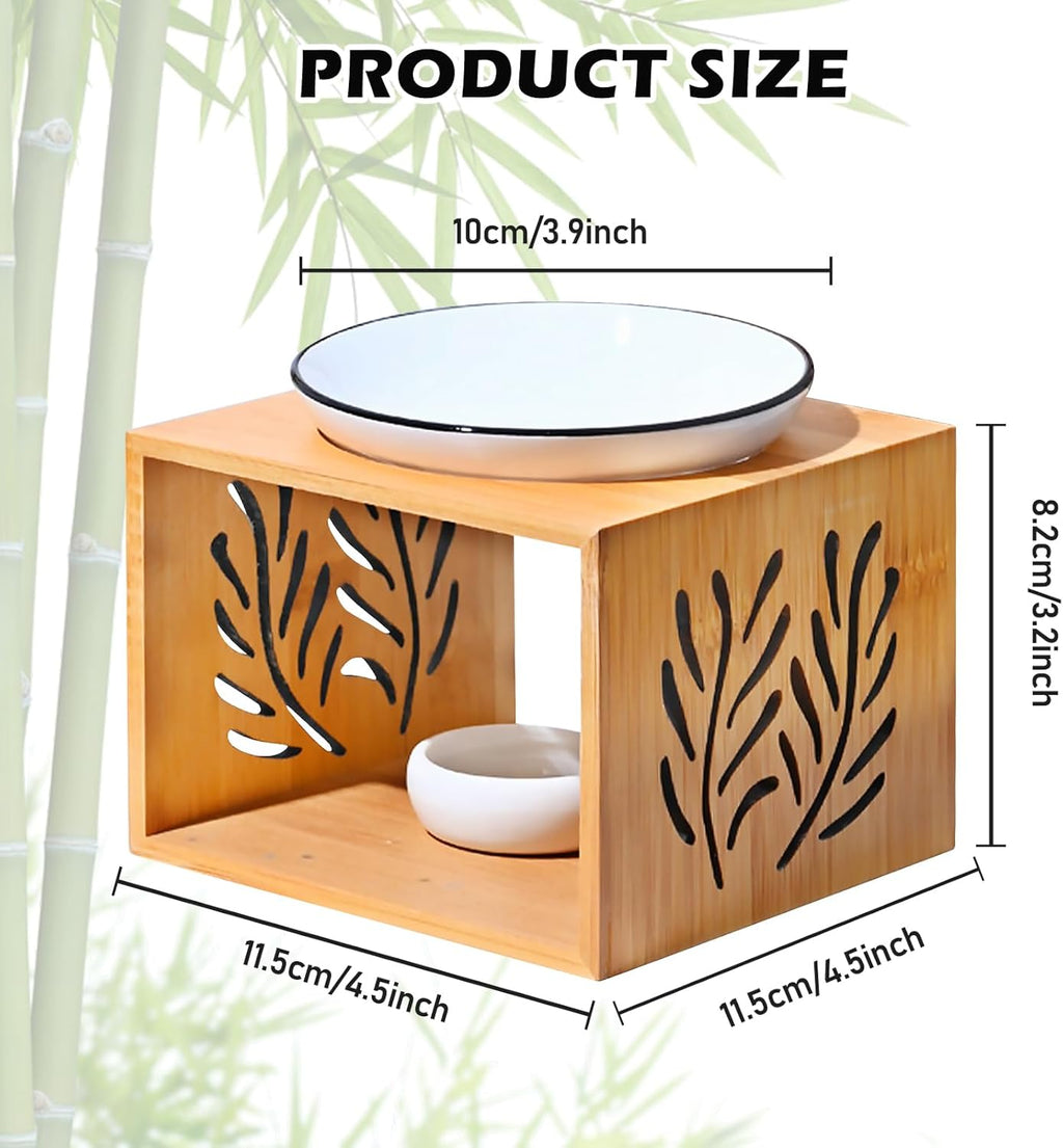 Duftlampe für ätherische Öle, Aromalampe aus Keramik/Bambus, Duftlampe Teelicht mit Teelichthalter, Stövchen für ätherische Öle, Duftlampe Bambus für Zuhause, Dekoration, Yoga, Schlafzimmer