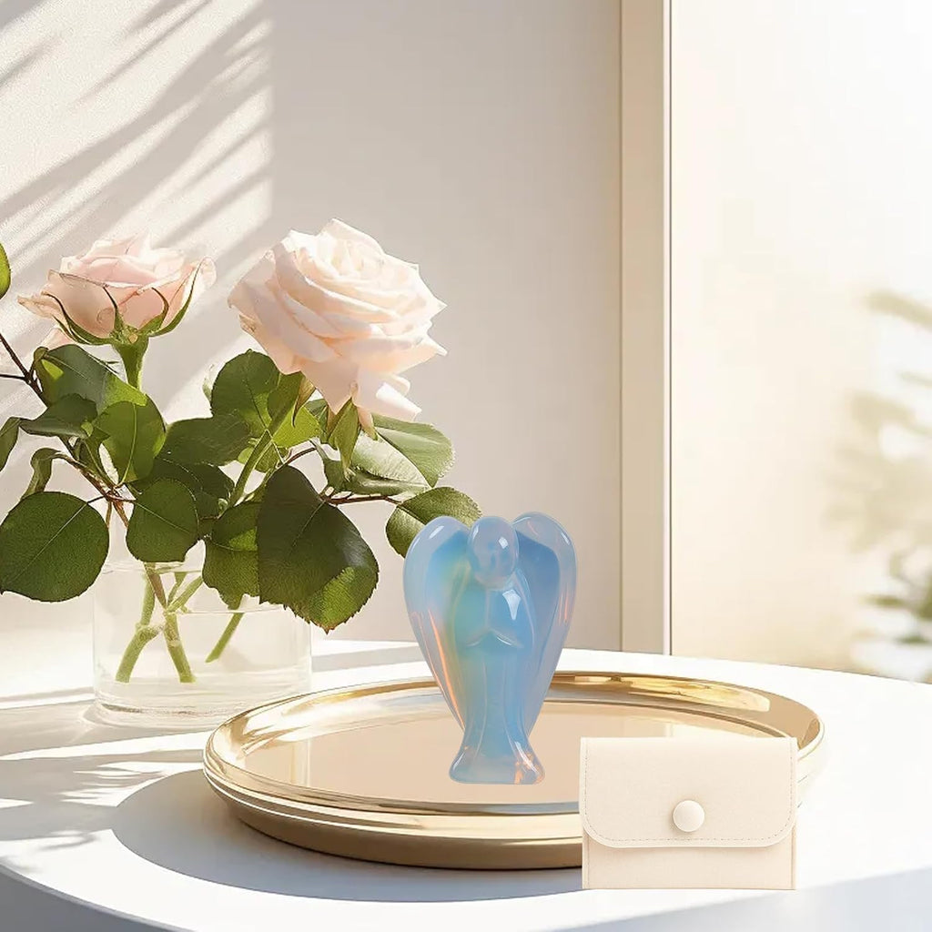 Engel mit Geschenkbeutel - Opal Stein Handgeschnitzter Engelfigur - Eiskalte Engel als Glücksbringer Stein - Schutzengel Energie und Positive Schwingungen