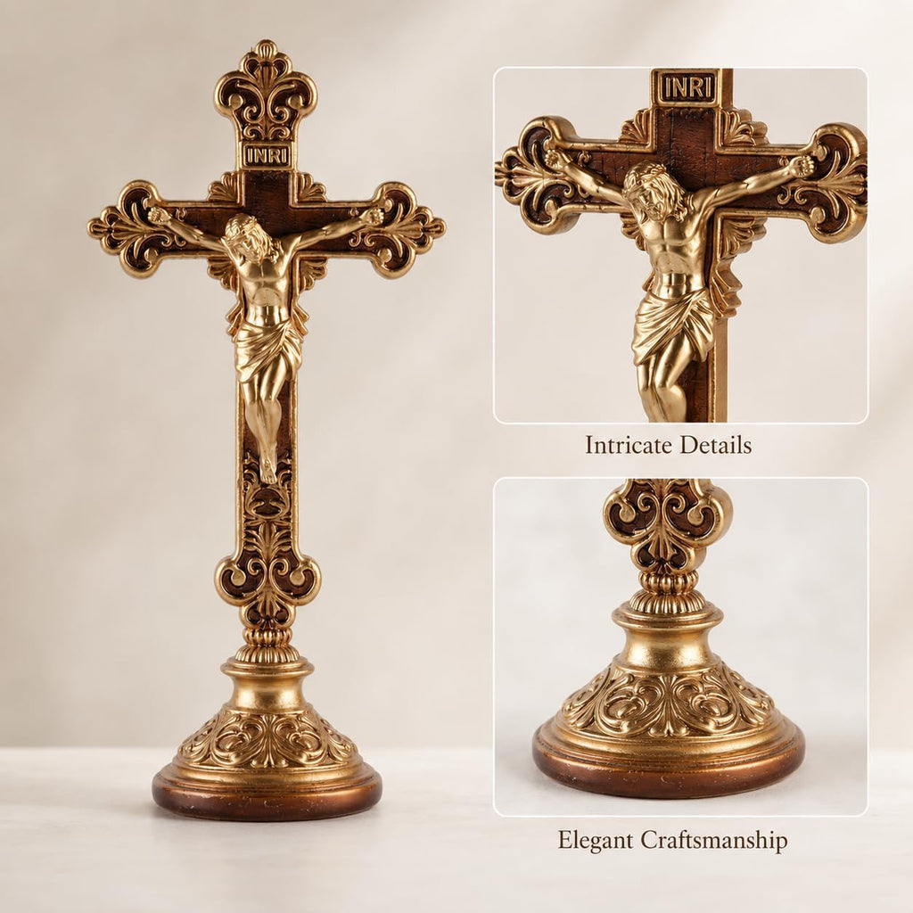 Jesus Christ Crucifix Statue with Base, 12 Inch Gold Resin Tabletop Cross, Elegant Religious Standing Crucifix Figurine for Home Altar, Catholic Spiritual Gift for Prayer, Meditation and Holiday Decor