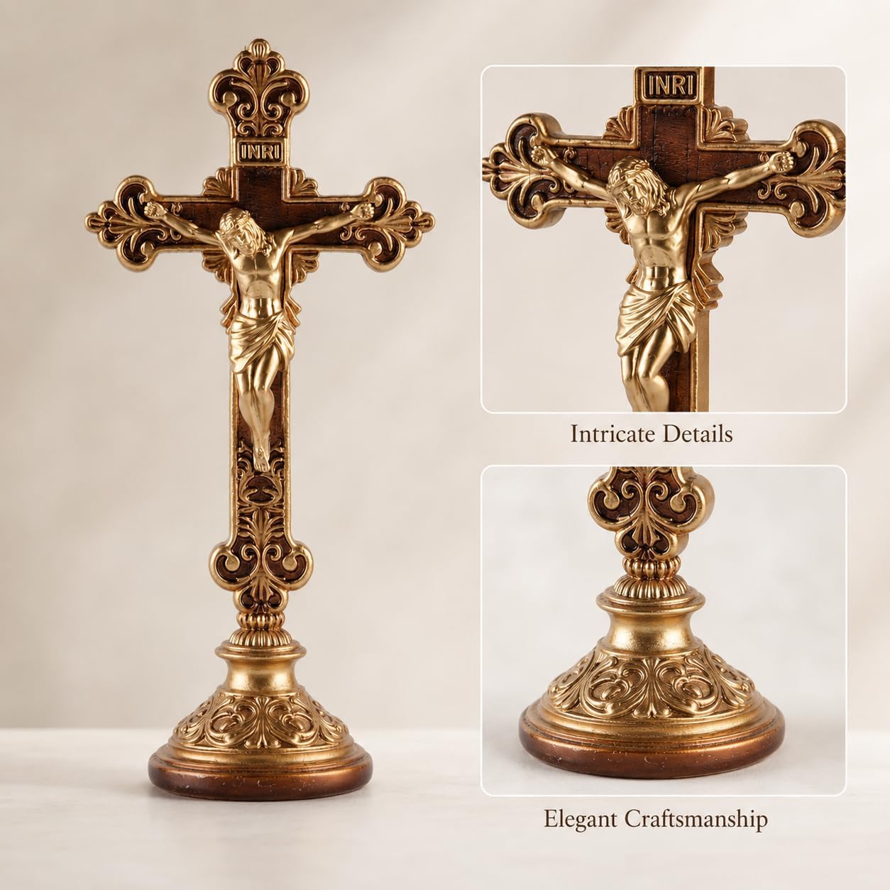 Jesus Christ Crucifix Statue with Base, 12 Inch Gold Resin Tabletop Cross, Elegant Religious Standing Crucifix Figurine for Home Altar, Catholic Spiritual Gift for Prayer, Meditation and Holiday Decor