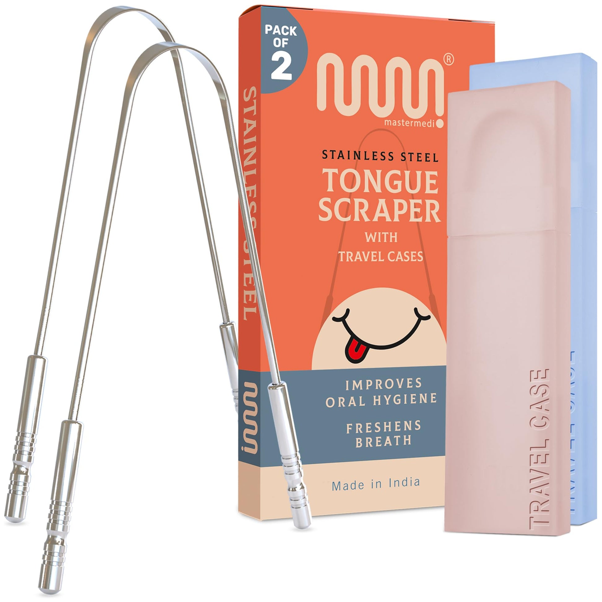 MasterMedi 100% reines kupfer zungenschaber mit reiseetui - 2 pack all natural ayurveda zungenreiniger, bannt mundgeruch und pflegt mundhygiene, groß grip (Set of 2 (Copper Tongue Scraper))
