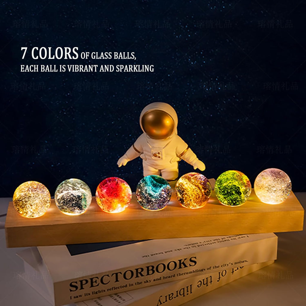 3D Kristallkugel Nachtlicht, Fantastische Sternkugel Nachtlicht, bunte Mini-Glas-Heilkugeln mit Holzsockel, Eisrissige Kristallkugel in 7 Farben, Fotografie Kugel Geschenk für Zuhause, Wohnzimmer (A)