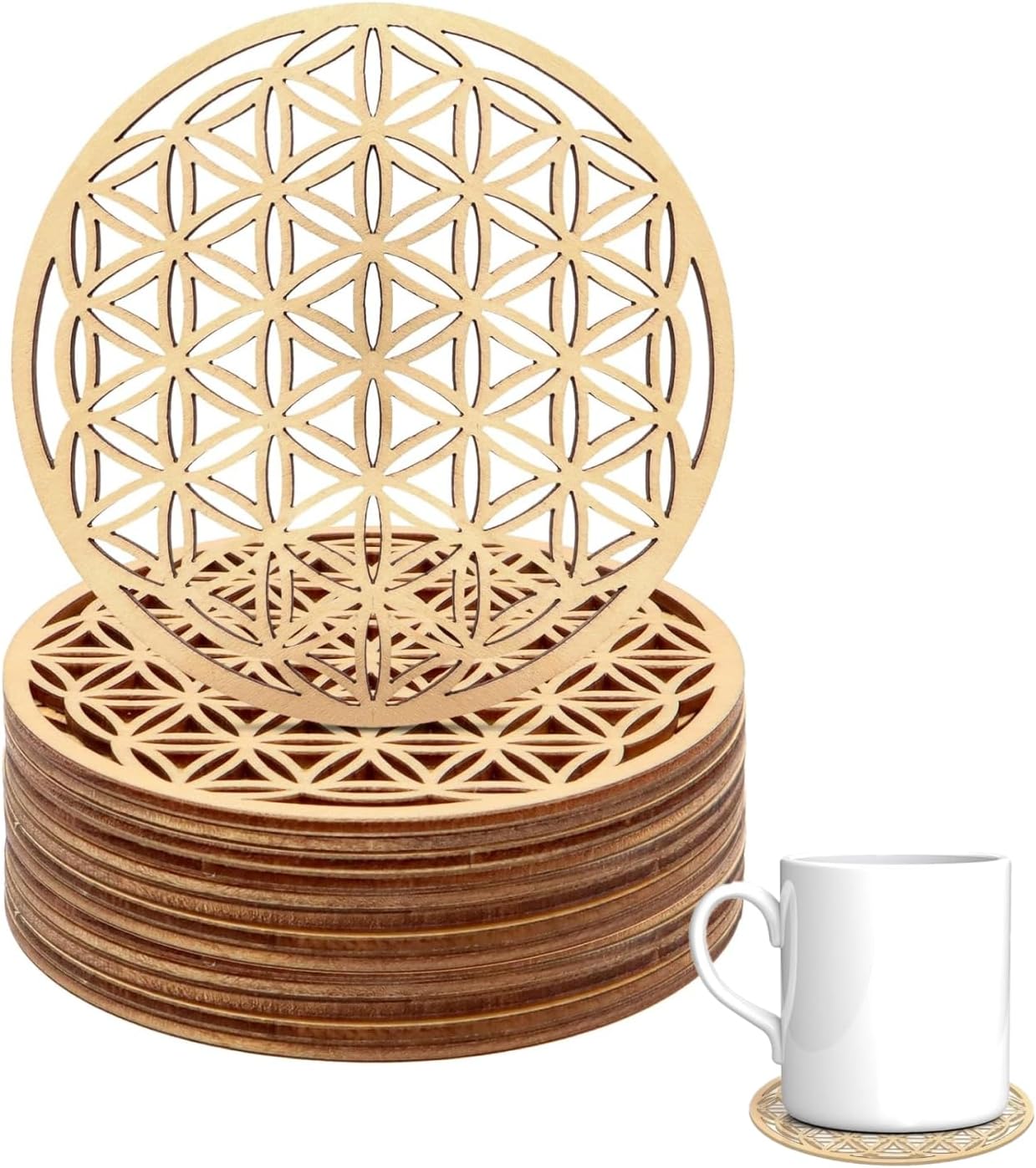Hugwish Set Mit 6 Blume des Lebens Untersetzer Holz Für Meditation (10 X 10 cm), Untersetzern aus Premium Birkenholz, lebensblume deko (6)